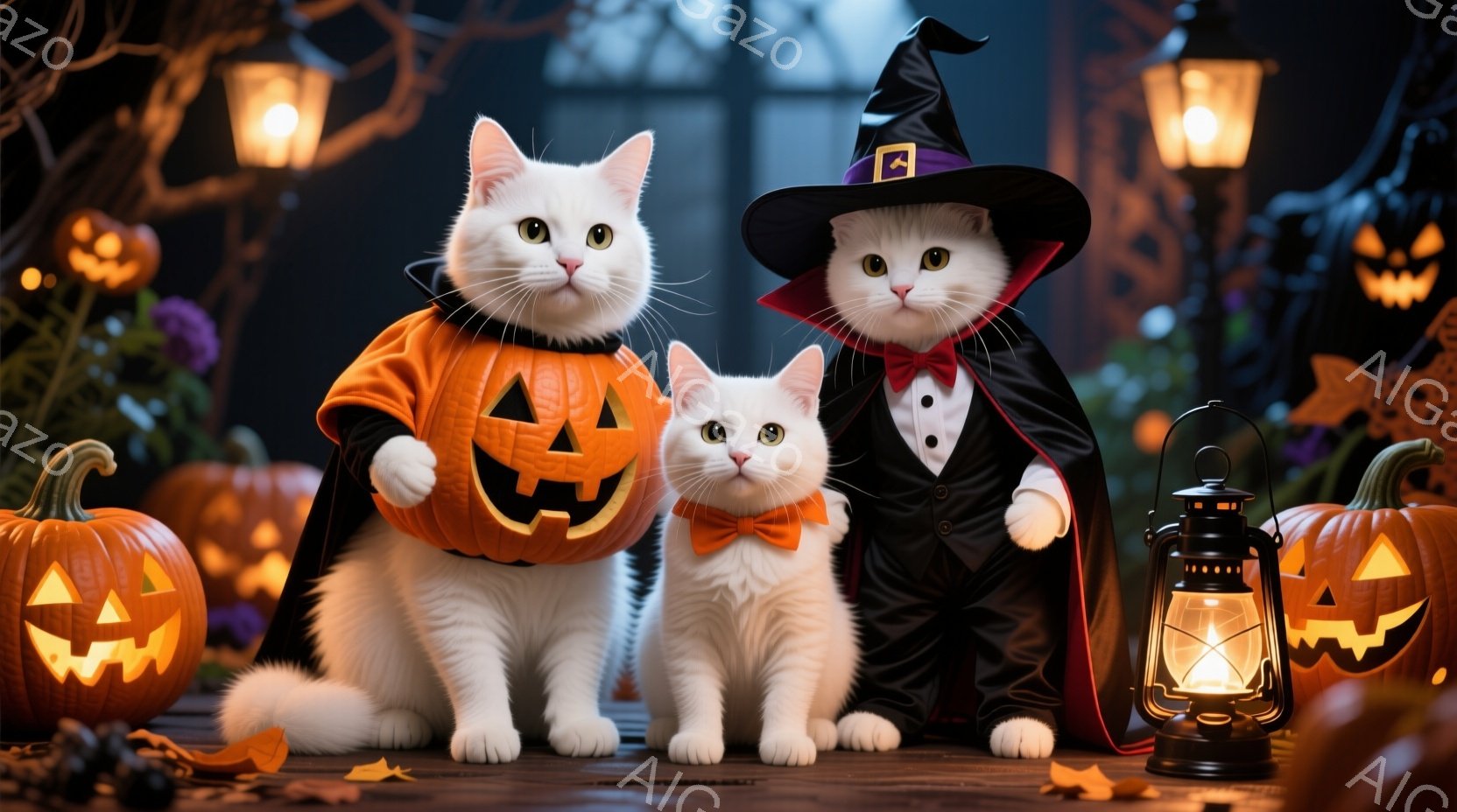白い猫が三匹、ハロウィンの衣装を着て並んでいます。中央の猫はオレンジ色のカボチャの衣装を着ており、他の二匹はそれぞれ魔女と紳士の衣装を着ています。背景には、ハロウィーンの装飾が施された建物と、様々なカ - AI生成フリー素材