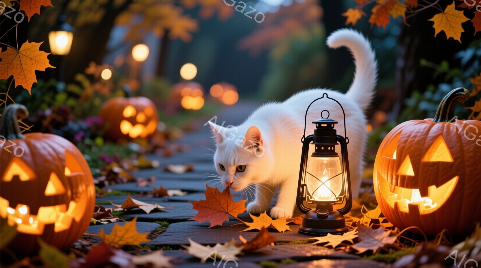 白い猫が、ハロウィーンのくり抜かれたカボチャと灯りが点るランタンの間に忍び寄る様子が描かれています。地面には紅葉が散らばり、背景にはぼんやりと木々が見え、秋の夜の静けさと少しの神秘的な雰囲気を醸し出し - AI生成フリー素材
