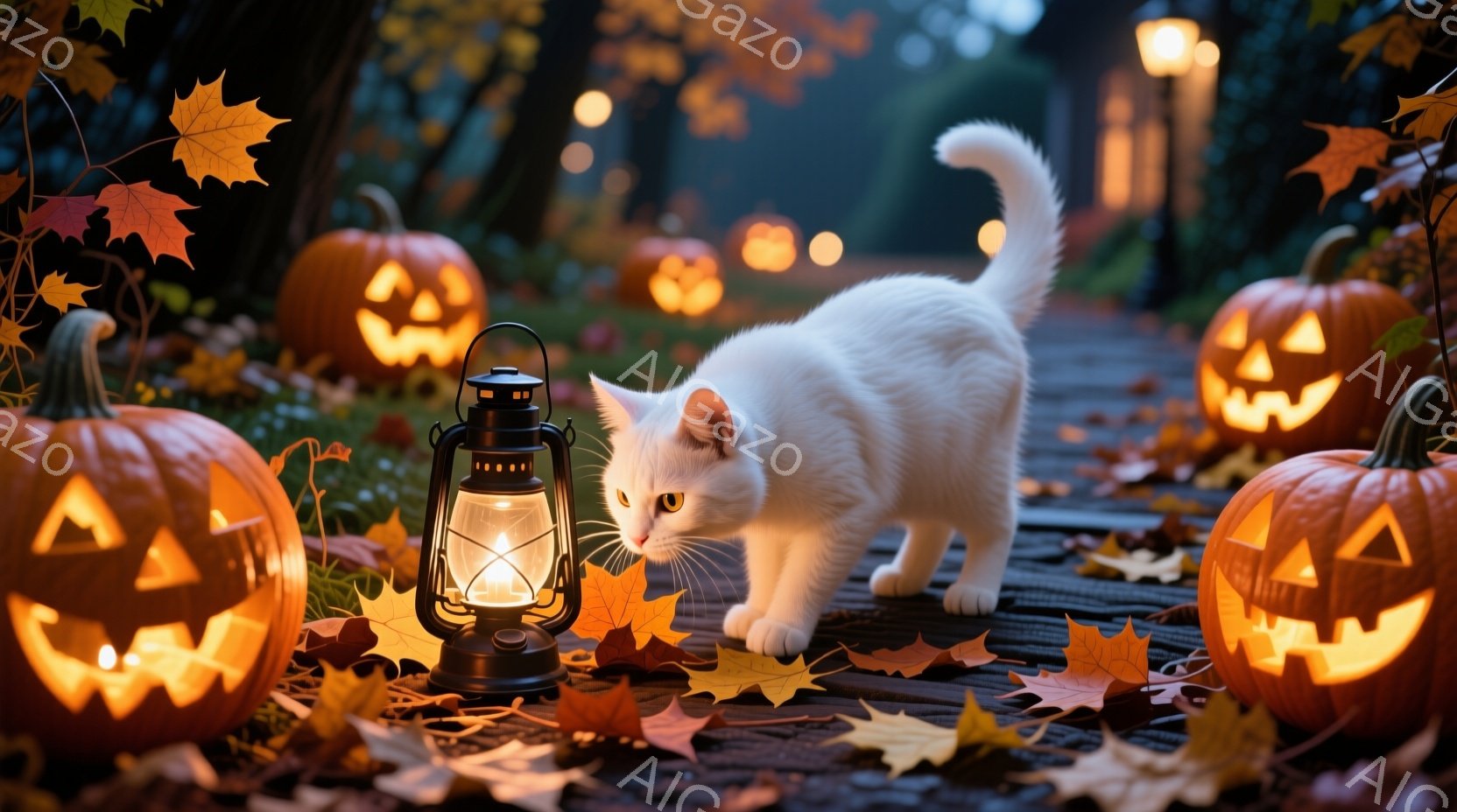 白い猫が、ハロウィーンの装飾が施された道を進んでいます。道には彫刻が施されたカボチャと、灯りを灯したランタンが置かれ、周囲は落ち葉で覆われています。背景は暗く、ぼんやりとした光が木々の間から差し込み、 - AI生成フリー素材