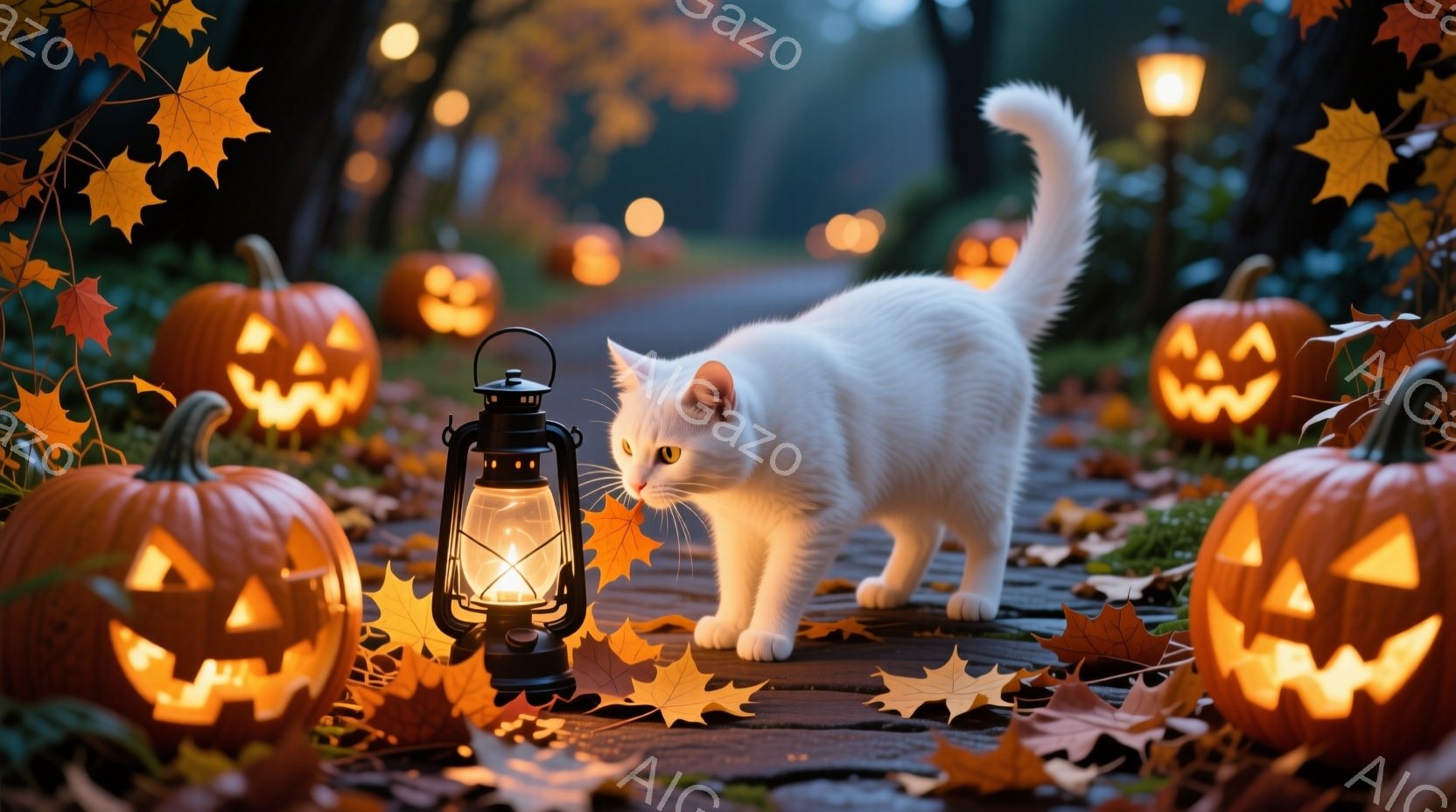 夜景で、中心に白い長毛の猫が立ち、遠くにピンクとオレンジ色のパンプキンが点在しています。猫は興奮しており、目を光らせ、鼻を上げ、両手で小さな石炭灯を掴んでいます。燃える灯が暗い空間を照らし、落葉が地面に散らばっています。背景は樹木と建物のシルエットで、季節感が強く、ホロウィンドーのような雰囲気を持っていると感じさせます。
