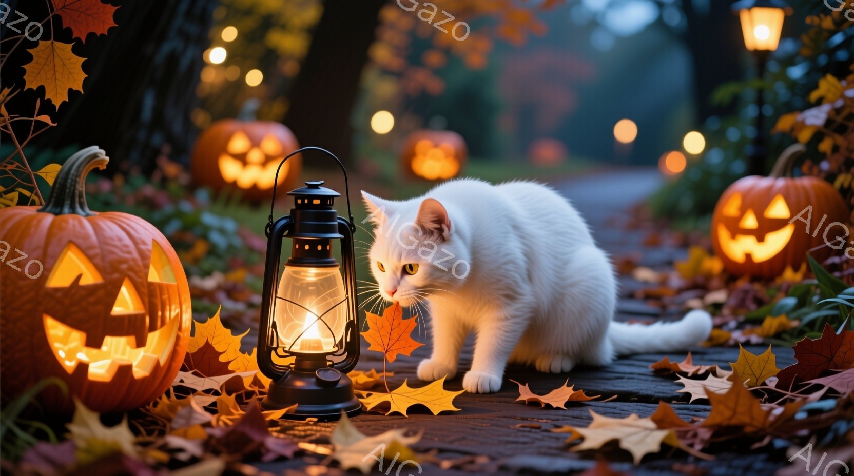 白い猫が、ハロウィーンの飾り付けがされた道にうずくまっている。背景には、点灯したジャック・オー・ランタンと、落ち葉が散らばるレンガ造りの道が見え、暖かく幻想的な雰囲気を醸し出している。オイルランプの光 - AI生成フリー素材
