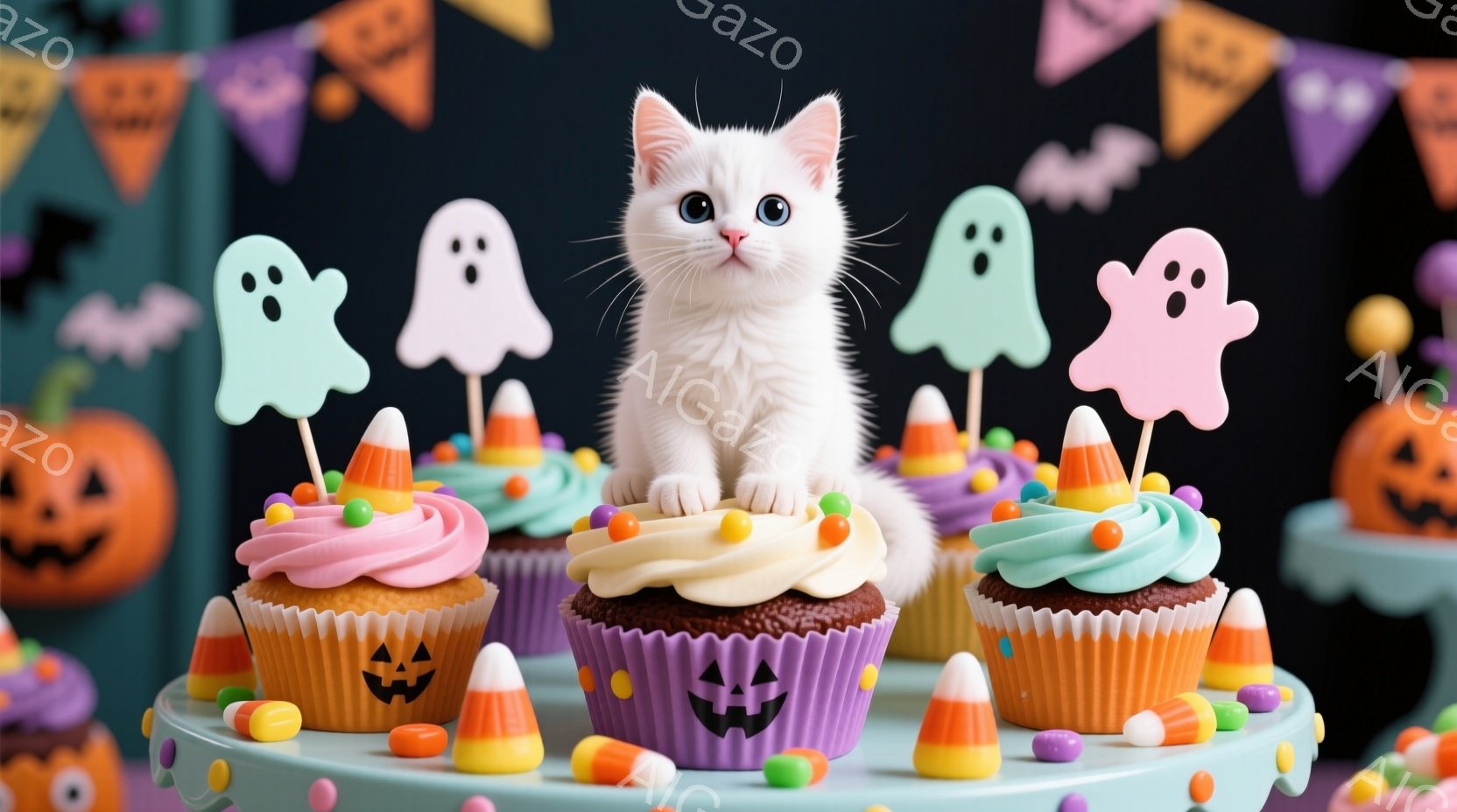 白い子猫が、ハロウィーンのカップケーキやキャンディーが並んだケーキスタンドの上に座っています。背景には、かぼちゃのランタンや幽霊の飾り付けがあり、全体的に明るく楽しいハロウィーンの雰囲気です。子猫は正面を見ており、好奇心旺盛な表情をしています。