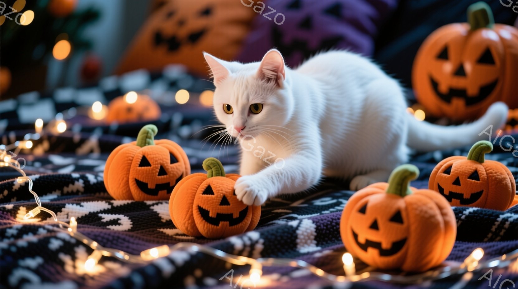 白い猫がハロウィーンの小さなカボチャの置物たちの間で遊び心いっぱいに前足を伸ばしています。背景には、紫色の布とオレンジ色のカボチャのパターンが描かれ、暖かい光のストリングライトがハロウィーンの雰囲気を盛り上げています。全体的に、遊び心があり、お祝いムードにあふれた、温かいハロウィーンのシーンです。
