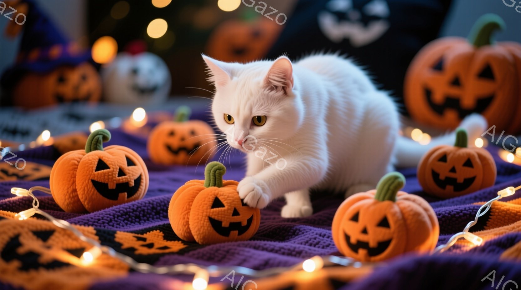 白い猫が、ハロウィーンの装飾であるオレンジ色のジャック・オ・ランタンの周りにいる様子が写っている。猫は前足を伸ばし、好奇心旺盛な表情で一つを見つめている。背景には、紫色の布とハロウィーンのモチーフ、そ - AI生成フリー素材