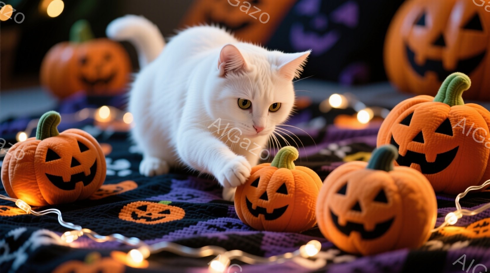 白い猫がハロウィーンの飾り付けられた背景の中で前進しています。オレンジ色のジャック・オー・ランタンが猫を取り囲み、紫色の背景と輝く電球が祭りの雰囲気を盛り上げています。猫は興味津々とした表情で、ハロウィーンの雰囲気を楽しんでいるようです。