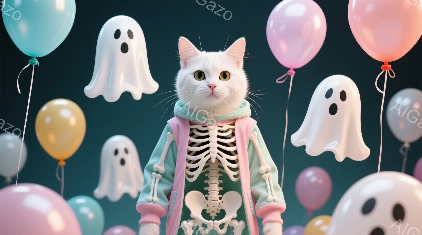 白い猫がハロウィーン風の服装で、ピンク色のパーカーに骨格模様が描かれています。猫は正面を向き、丸い目と少し微笑んでいるような表情で、可愛らしい印象を与えます。背景には、パステルカラーの風船と、ハロウィーンらしいお化けが浮かんでおり、お祝いムードを演出しています。