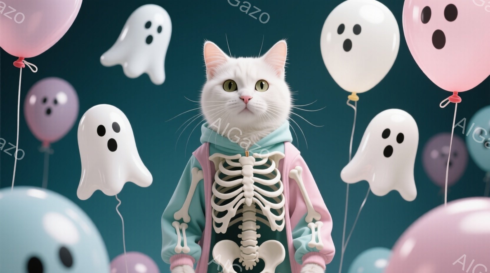白い猫が、骨格柄の可愛らしいパーカーを着て、まっすぐ正面を見ています。背景には、パステルカラーの幽霊のバルーンが浮かび、ハロウィーンのような楽しい雰囲気を醸し出しています。猫はリラックスした表情で、ハ - AI生成フリー素材