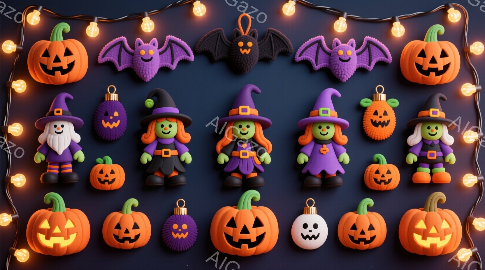 ハロウィーンをテーマにした可愛らしいキャラクターとカボチャが並んでいます。紫色の帽子と緑色の服を着た小さな魔女や、オレンジ色の衣装を着た可愛らしい幽霊たちが、愛らしい表情でポーズをとっています。背景は - AI生成フリー素材