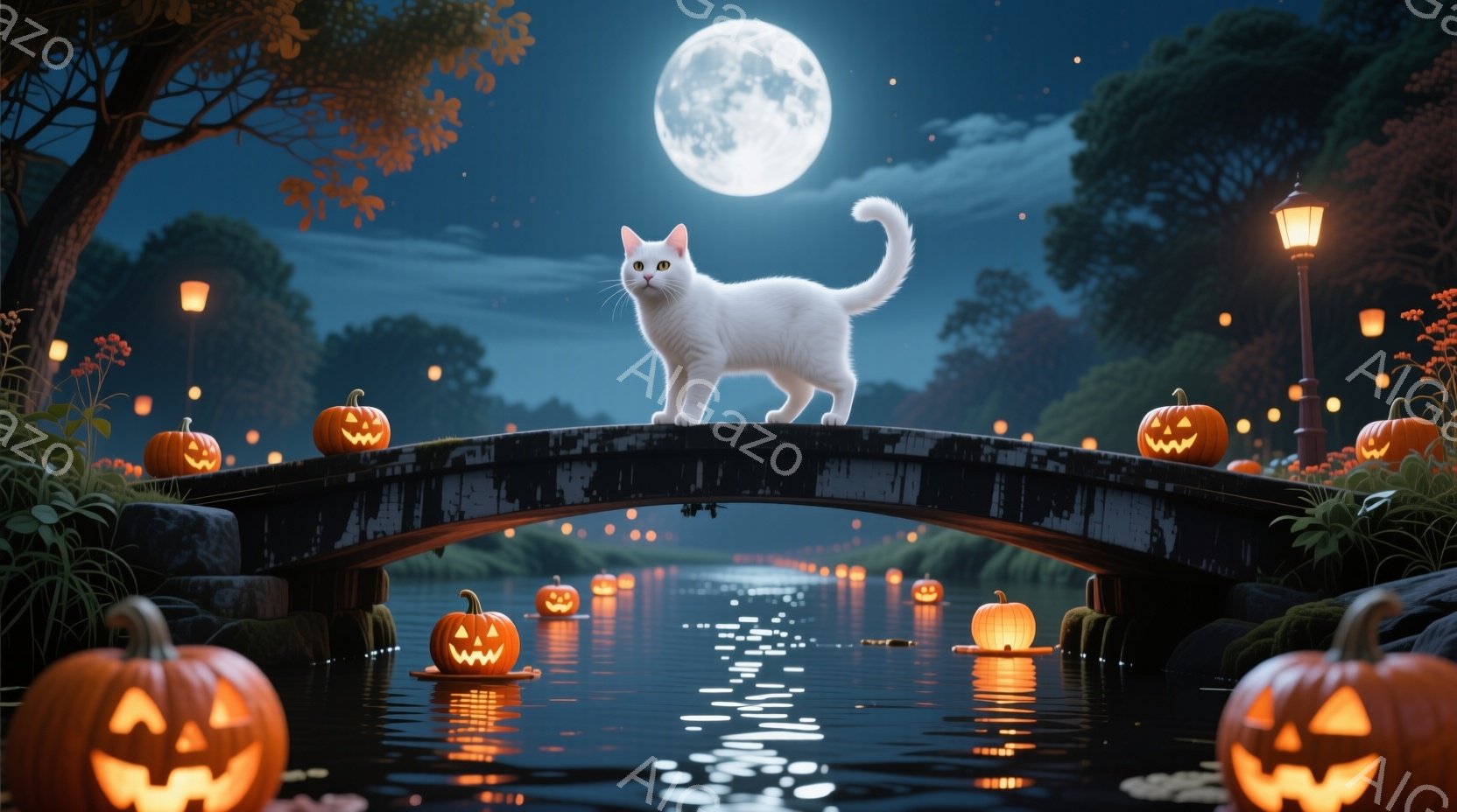白い猫が古い石橋の中央に優雅に立っている。周囲には、水面に浮かび、橋の欄干に並んだジャック・オー・ランタンがハロウィンの夜を照らし、月明かりが水面に反射して幻想的な光景を作り出している。背景には暗い木々が見え、全体的に神秘的で、静かで、秋らしい雰囲気が漂っている。
