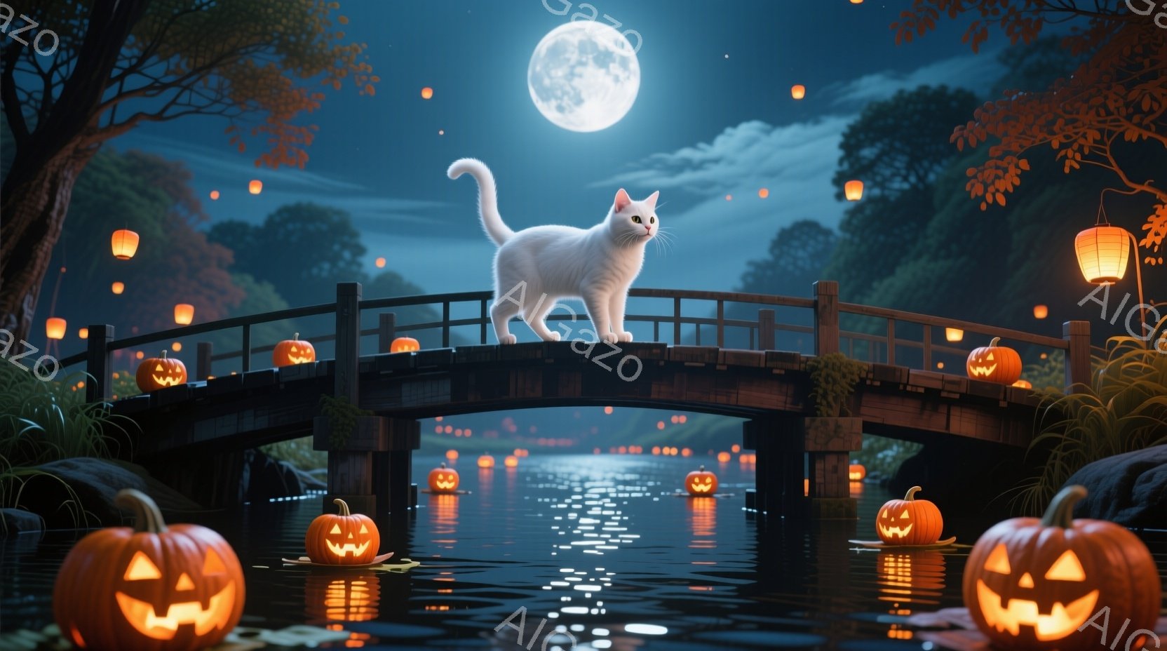 白い猫が、ハロウィーンの装飾がされた橋の上に優雅に立っている。橋の下の川には、浮かぶカボチャのランタンが並び、夜空には満月が輝いている。周囲は木々に囲まれ、静かで幻想的な雰囲気が漂っている。 - AI生成フリー素材