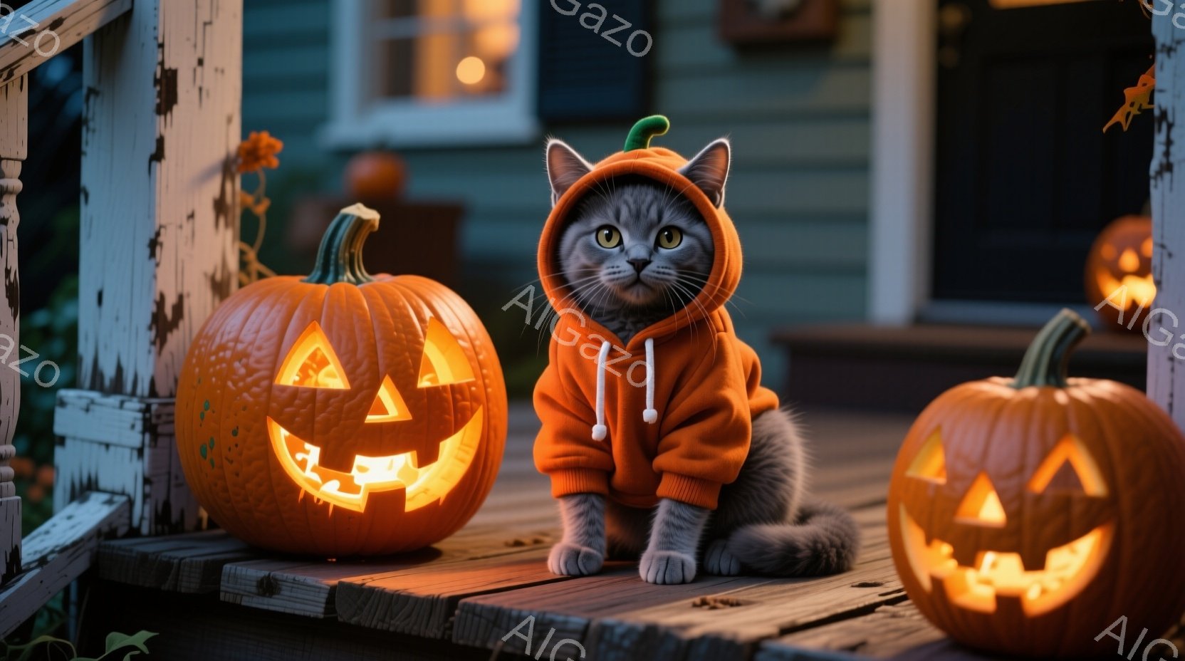灰色の猫がハロウィーンの衣装であるオレンジ色のパーカーを着て、彫刻されたジャック・オー・ランタンの周りに座っています。猫はまっすぐ前を見ており、表情は穏やかです。背景には、光るジャック・オー・ランタン - AI生成フリー素材