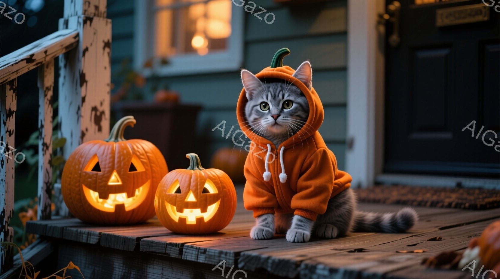 灰色の毛並みの猫が、ハロウィーンらしいオレンジ色のパーカーを着て、彫刻されたジャック・オー・ランタンの横に座っています。猫は前足を揃え、少し伏し目がちで、どこか物憂げな表情を浮かべています。背景には木 - AI生成フリー素材
