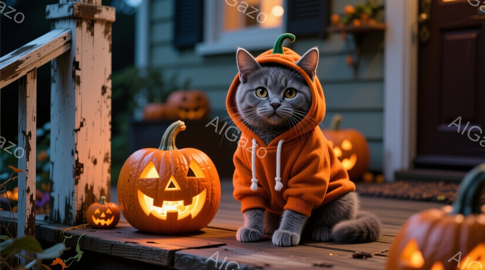 灰色の猫が、ハロウィーンカボチャの衣装を着て、木製のデッキに座っています。カボチャのランタンが猫の周りに置かれており、背景にはオレンジ色の光が灯る建物が見え、晩秋の穏やかな夜の雰囲気を醸し出しています。猫は正面を見据え、少し困ったような表情を浮かべていますが、可愛らしい雰囲気が漂っています。