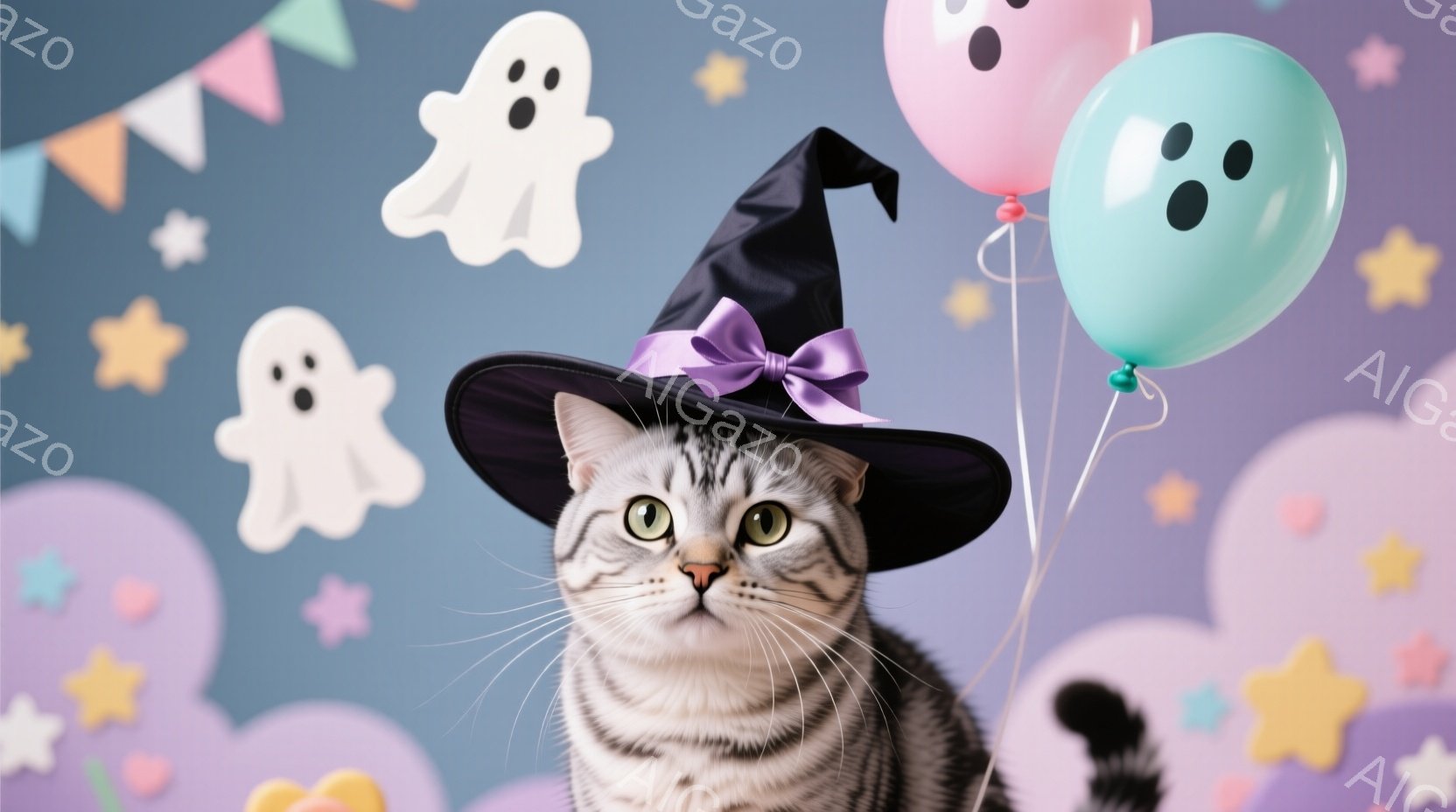 灰色の縞模様の猫が、紫色のリボンが付いた黒い魔女帽子をかぶって正面を見つめています。背景は、紫と水色のパステルカラーで、お化けや星の形をした風船が浮かんでおり、ハロウィンのようなお祝いの雰囲気です。猫 - AI生成フリー素材