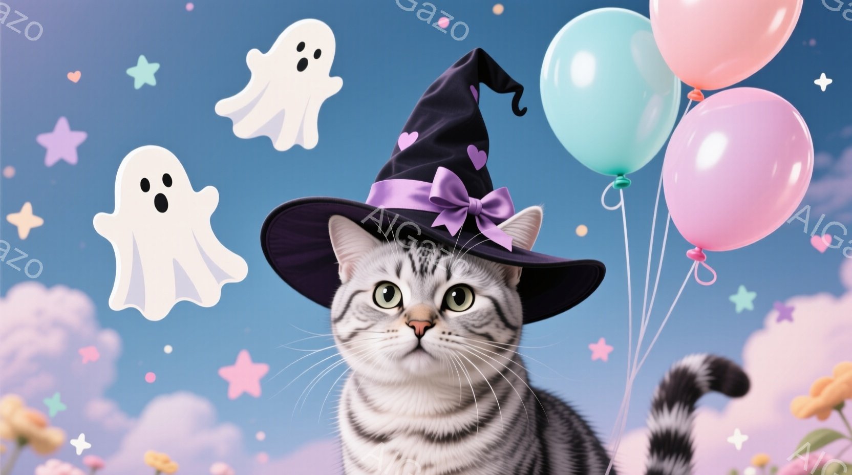 縞模様の猫が、紫のリボンが付いた黒い魔女帽子をかぶって正面を見つめています。背景はパステルカラーの雲と星、幽霊、風船で飾られており、ハロウィーンのようなお祝いの雰囲気が漂っています。猫はリラックスした - AI生成フリー素材