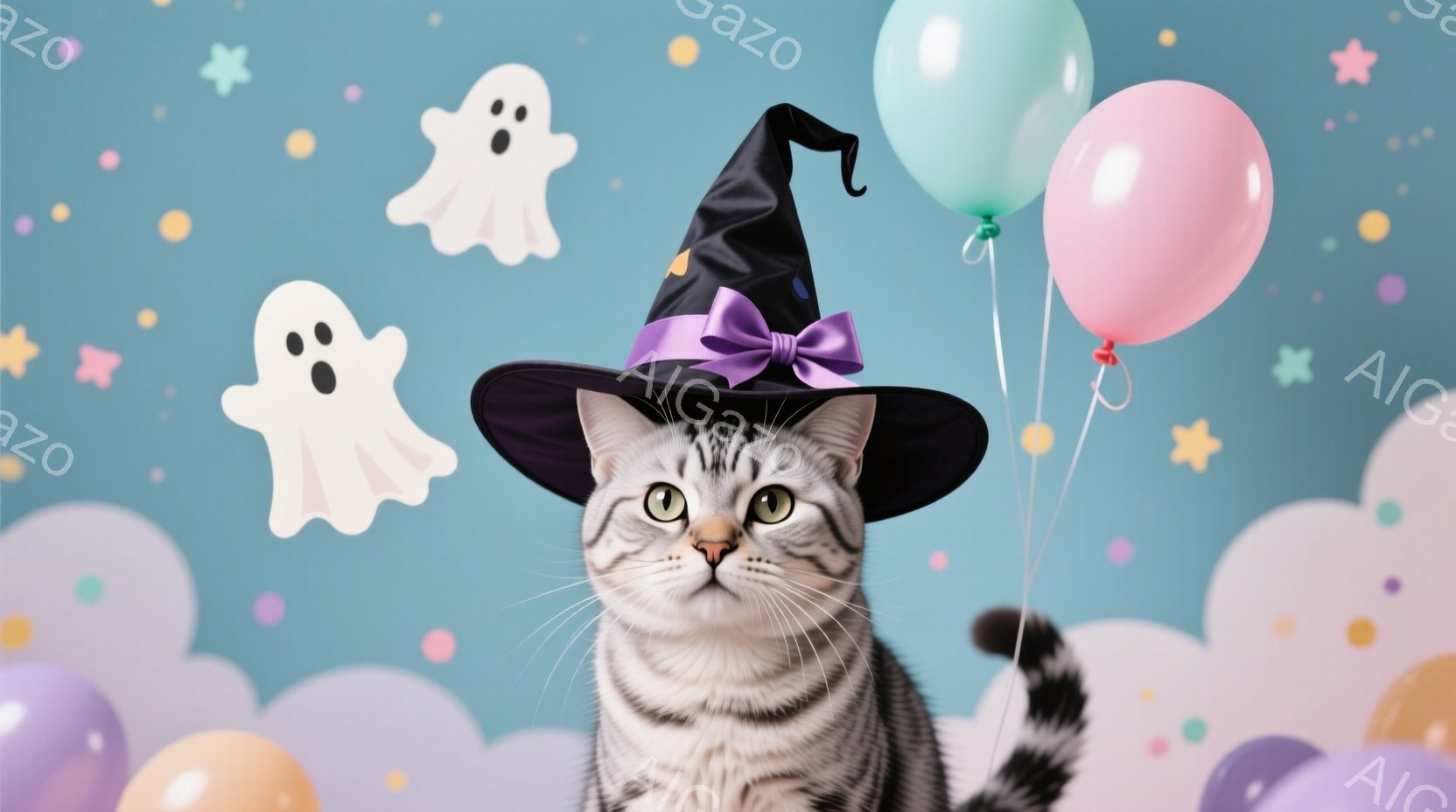 猫が魔法使いの格好をしているという設定によるキャラクターと背景の組み合わせです。猫は、一つの目が赤いリングを持った姿で、魔法使いの帽子をかぶり、杖を持ちます。背景には幽霊やハロウィンの要素が描かれており、雲や星も見られるようです。猫は物陰に身をひそめ、表情は少し不安そうな空気を漂わせています。全体的には、ハロウィンの雰囲気があり、魔法や奇妙さが伝わるような印象です。