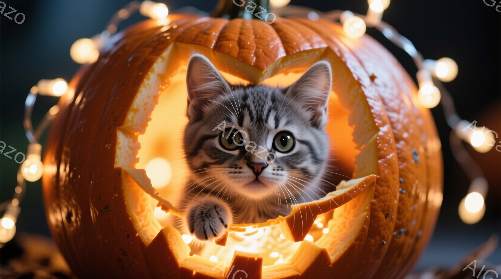 猫が素敵なオーガニックジャックオランジのパンプキンに隠れる！彼は大きな目を持ち、手を伸ばして、背景で照明が提供される。全体的に楽しいと感じられる氛があります。