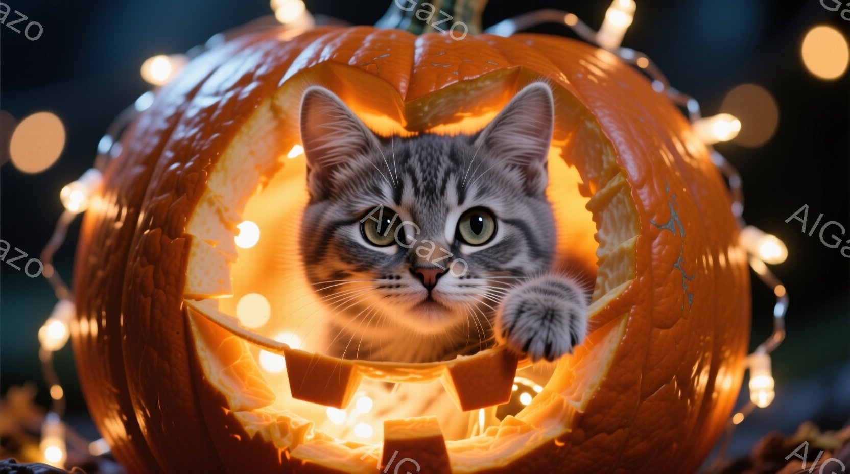 縞模様の猫が、ハロウィーンのくり抜かれたカボチャの中から顔を出しています。猫は少し困ったような、あるいは好奇心旺盛な表情で、片方の前足をカボチャの縁につけています。背景にはぼんやりとした光のストリングライトがあり、温かくお祝いの雰囲気を醸し出しています。
