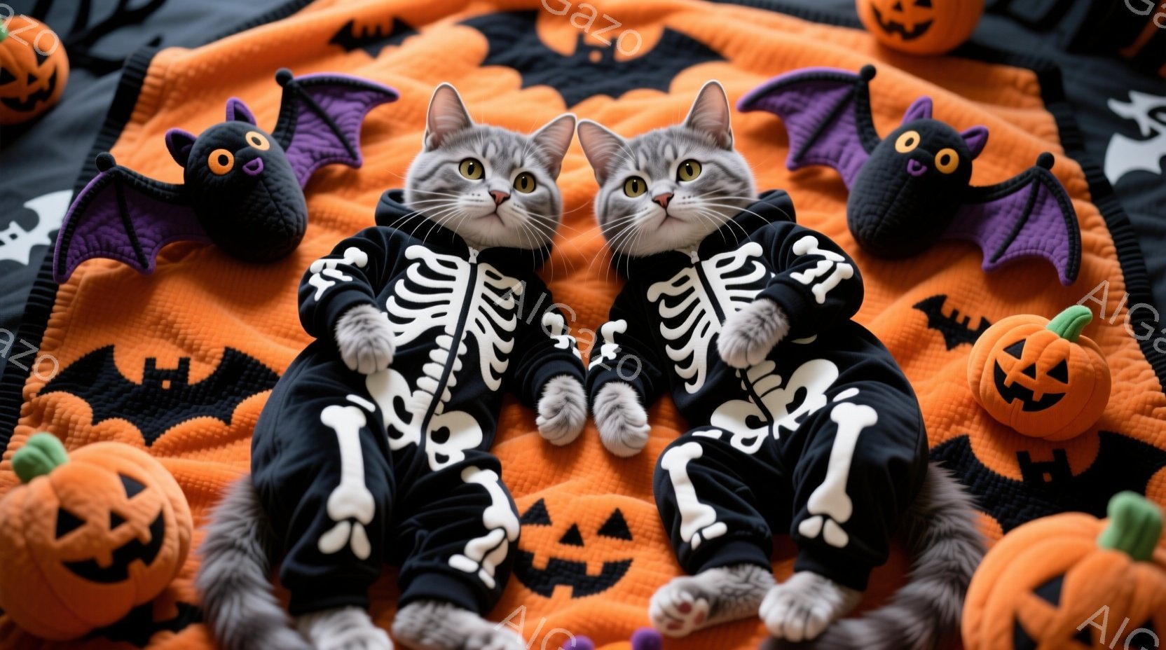 2匹の猫がハロウィーンの骸骨のコスチュームを着て、オレンジ色の背景に囲まれて正面を見つめている。猫たちはリラックスした姿勢で、ハロウィーンの飾りであるカボチャやお化けのぬいぐるみと並んでいる。背景はオ - AI生成フリー素材