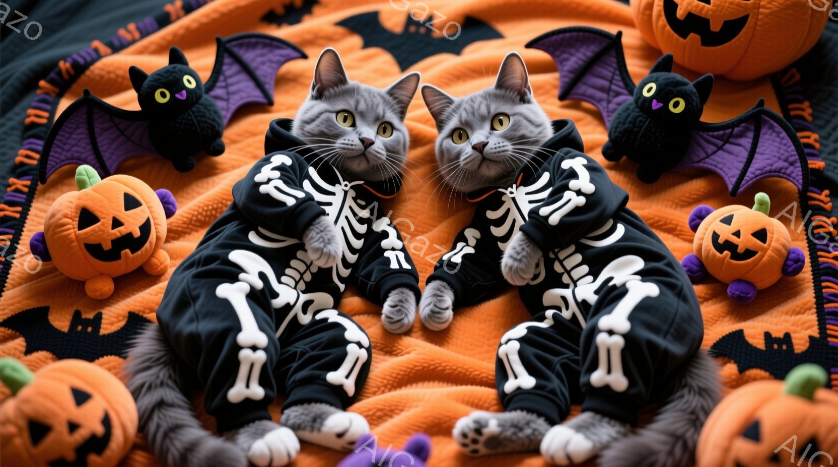 灰色の毛並みの猫二匹が、ハロウィーンらしい骨格柄の黒いジャンプスーツを着て、オレンジ色の背景に座っています。猫たちはリラックスした表情で、カメラの方を見ており、周囲にはカボチャの形をしたぬいぐるみやコウモリの飾りがあります。 全体的に、可愛らしく、お祝いムード満点のハロウィーンの雰囲気です。