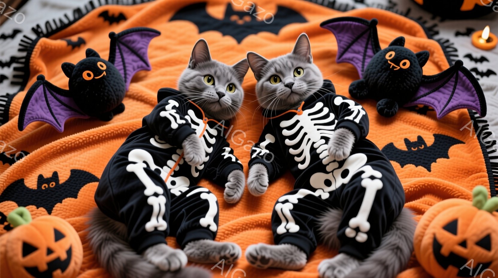 二匹の灰色の猫が、ハロウィーンをテーマにした衣装を着て、オレンジ色の背景に座っています。猫たちは骸骨のプリントが施された黒いジャンプスーツを着ており、リラックスした様子で前足を組み、カメラの方を見ています。背景には、ハロウィーンの装飾であるカボチャやコウモリが配置され、全体的に陽気でかわいらしい雰囲気を醸し出しています。