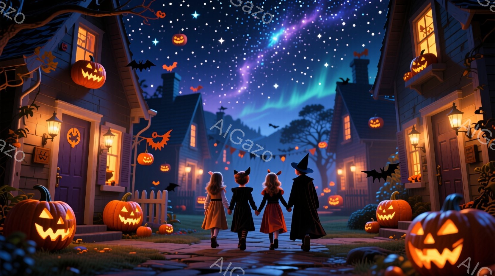 ハロウィーンの夜、3人の子供たちが手をつないで道を歩いている。先頭の女の子はオレンジ色のドレスを着ており、真ん中の女の子は猫耳のヘッドバンドをつけている。背景には、カボチャのランタンで飾られた家々が並 - AI生成フリー素材
