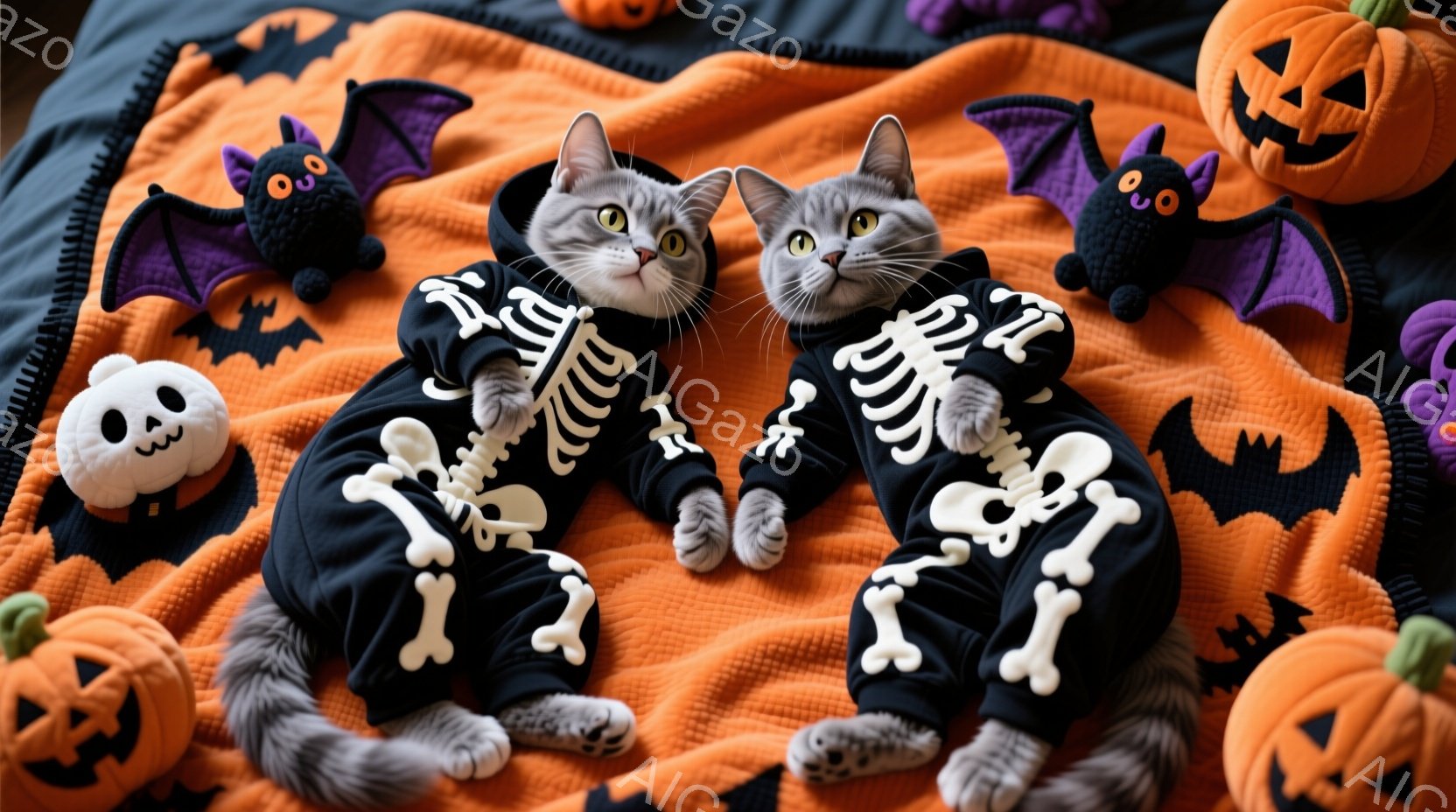 灰色の毛並みの猫二匹が、ハロウィーンをテーマにしたオレンジ色の毛布の上に横たわっています。猫たちは、白骨化したデザインが施された黒いコスチュームを着ており、それぞれ少し異なるポーズでリラックスした表情 - AI生成フリー素材