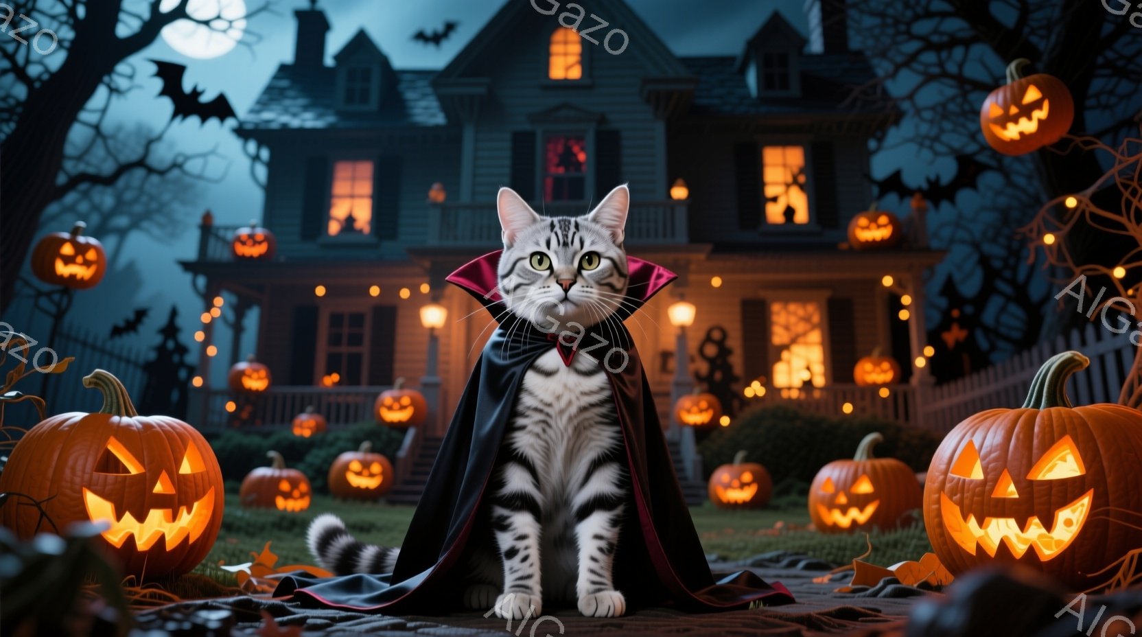 白と灰色の縞模様の猫が、黒いマントを羽織って座っています。背景には、ジャック・オー・ランタンで飾られた不気味な屋敷があり、月明かりの下でハロウィーンの夜の雰囲気を醸し出しています。全体的に不気味でありながら愛らしい、ハロウィーンらしい光景です。