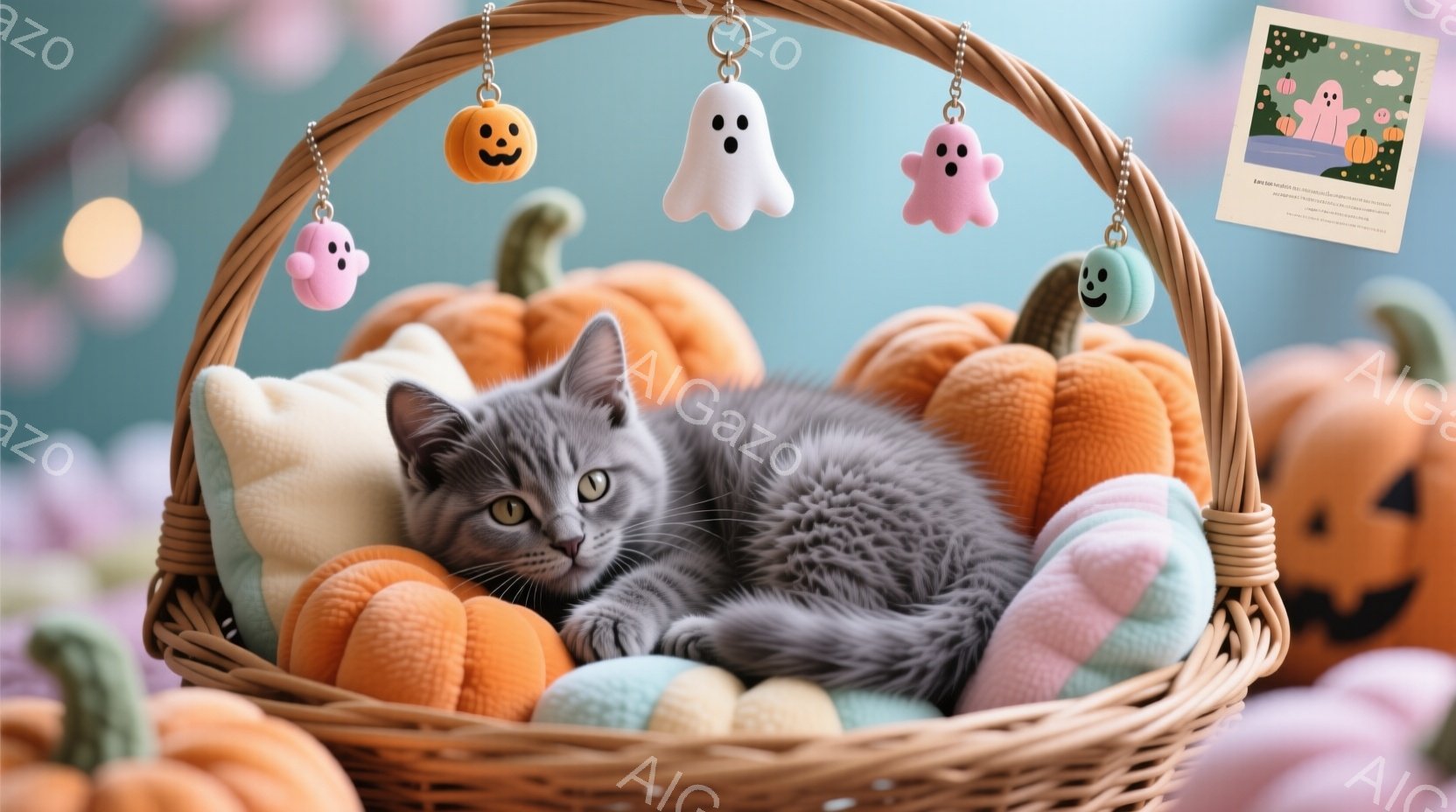 灰色の縞模様の猫が、オレンジ色のカボチャの形をした枕とふわふわの青い枕に囲まれた、籐の籠の中で丸まって眠っています。籠の周りには、可愛らしい幽霊の飾りと、より大きなカボチャの彫刻が配置され、ハロウィーンの雰囲気を感じさせます。背景はぼかされており、オレンジと紫の色合いが、全体的に暖かく、お祝いのようなムードを作り出しています。