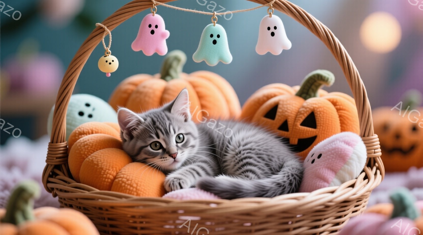 籠の中に、縞模様のキティがリラックスして横たわっています。周りにはオレンジ色のカボチャのおもちゃと、可愛らしい幽霊の飾り付けがあり、全体的にハロウィーンらしい温かい雰囲気が漂っています。キティは少し眠たげな表情で、ふわふわの背景が柔らかさを強調しています。