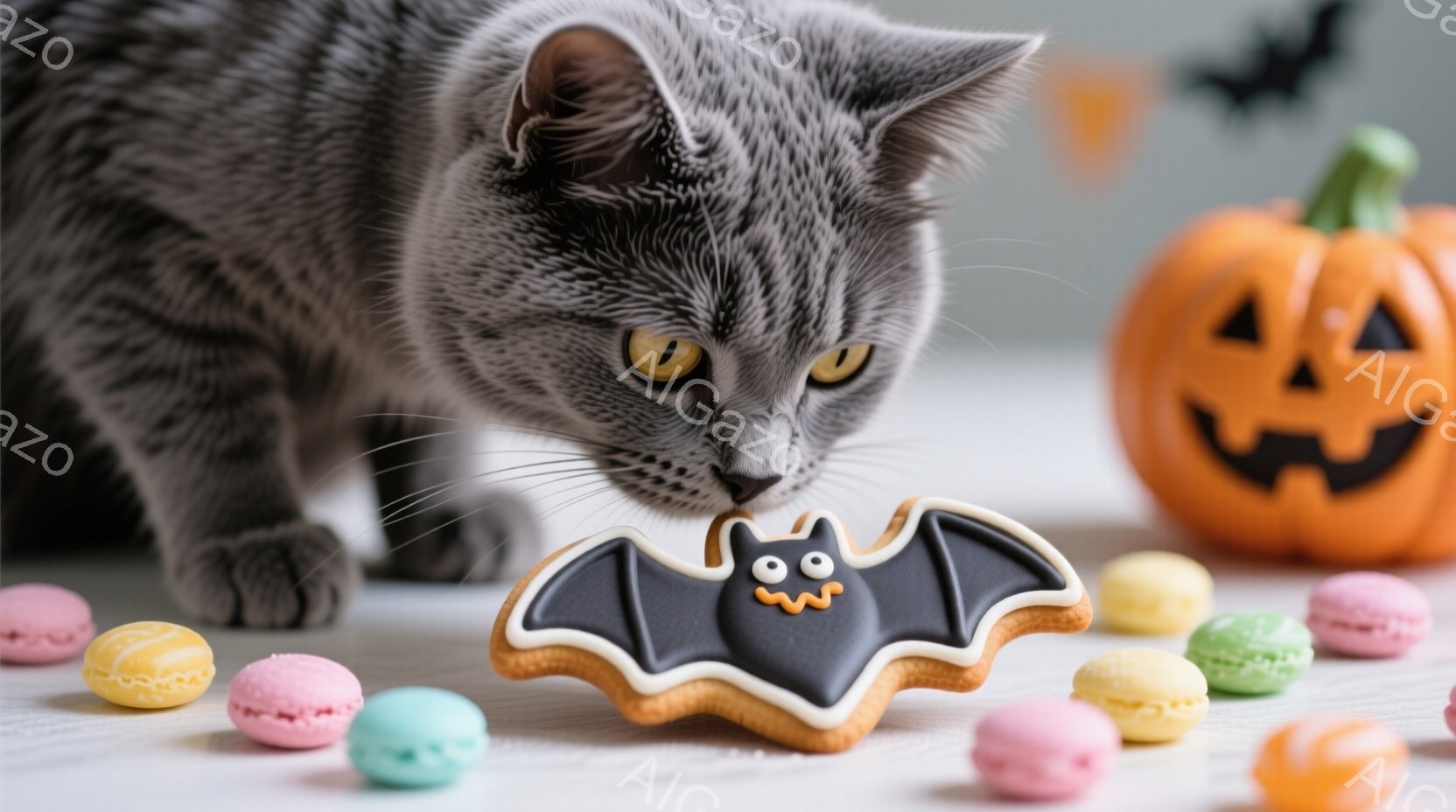 灰色の猫が、ハロウィーンをテーマにしたクッキーとマカロンの周りに近づいています。クッキーはコウモリの形をしており、マカロンはピンク、水色、黄色、緑など、さまざまな色で配置されています。背景には、ジャッ - AI生成フリー素材