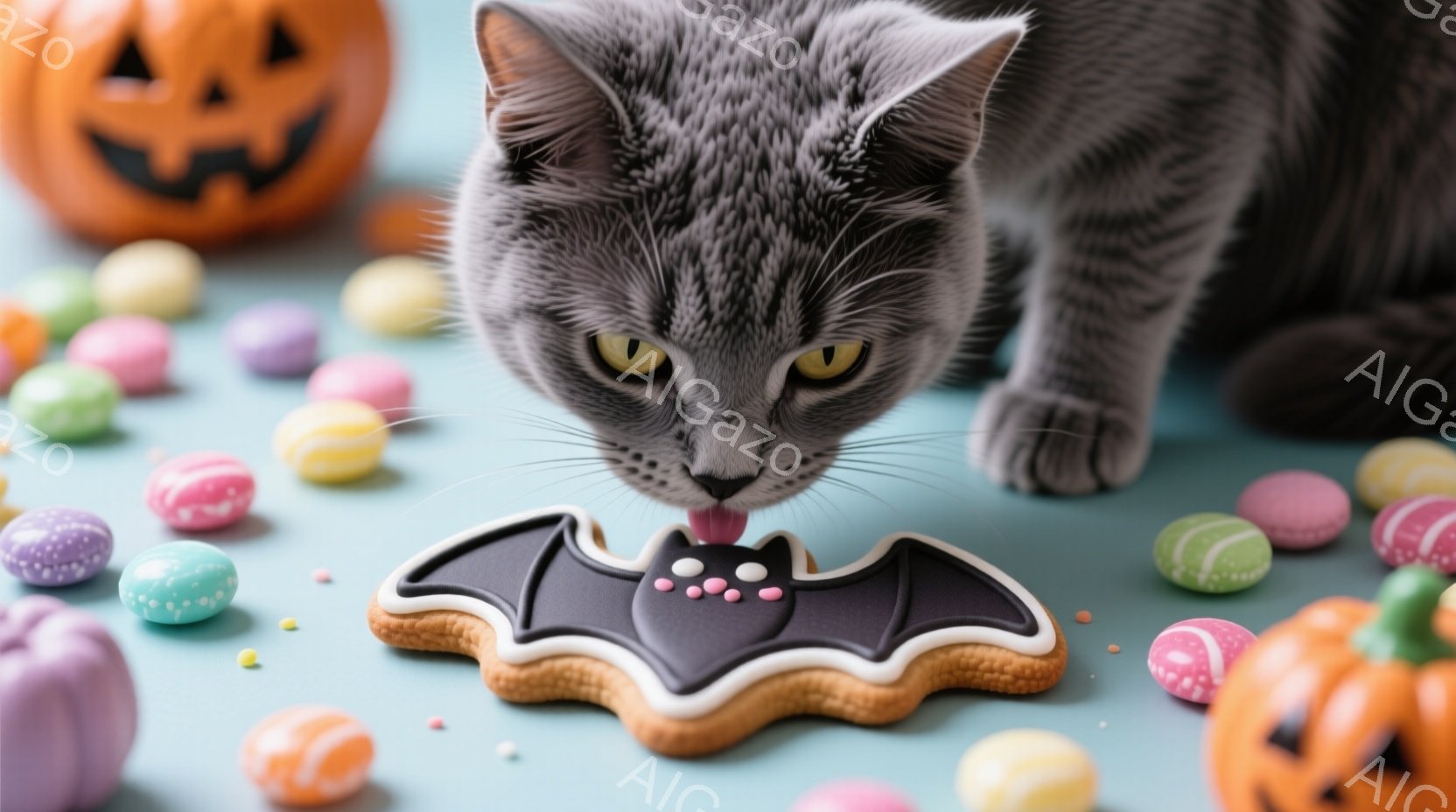 灰色の毛並みの猫が、ハロウィーンをテーマにしたクッキー（コウモリの形）を舐めています。クッキーの周りにはカラフルなキャンディーが散らばり、背景にはオレンジ色のジャック・オ・ランタンがぼんやりと見えます - AI生成フリー素材