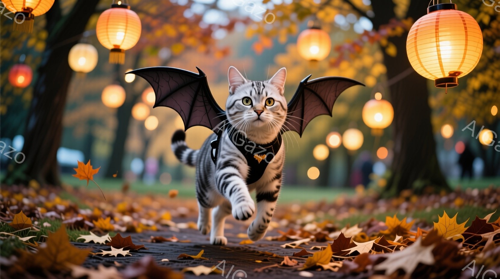 白と灰色の縞模様の猫が、黒い蝙蝠の羽をつけて、落ち葉が散らばる道を駆けている。背景にはぼやけた緑の芝生と、オレンジ色の提灯が並び、秋の穏やかな雰囲気を醸し出している。猫は前方をまっすぐ見つめ、活発で遊 - AI生成フリー素材