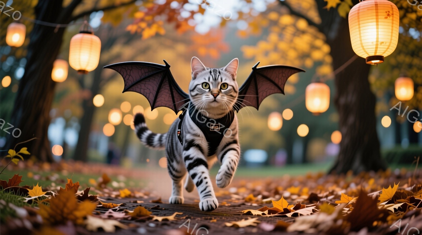 白と黒の縞模様の猫が、翼のようなアクセサリーを付けて遊歩道を走っている。背景には、黄色い光を放つ提灯が並び、地面は落ち葉で覆われている秋の公園の様子がうかがえる。猫は活気に満ちた表情で、まるで空を飛ん - AI生成フリー素材