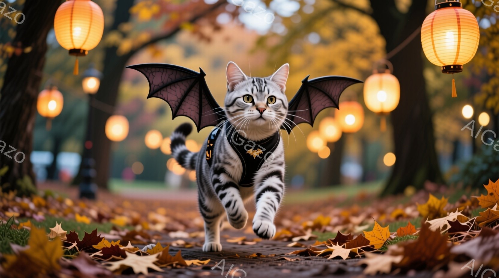 縞模様の猫が、まるで飛んでいるかのように、黒い羽とハーネスを身につけて遊歩道を駆け抜けています。背景には落ち葉が敷き詰められ、ぼんやりとしたオレンジ色の提灯が並び、秋の暖かく幻想的な雰囲気を醸し出しています。猫の表情は活発で、遊歩道を走り回る楽しさがあふれています。