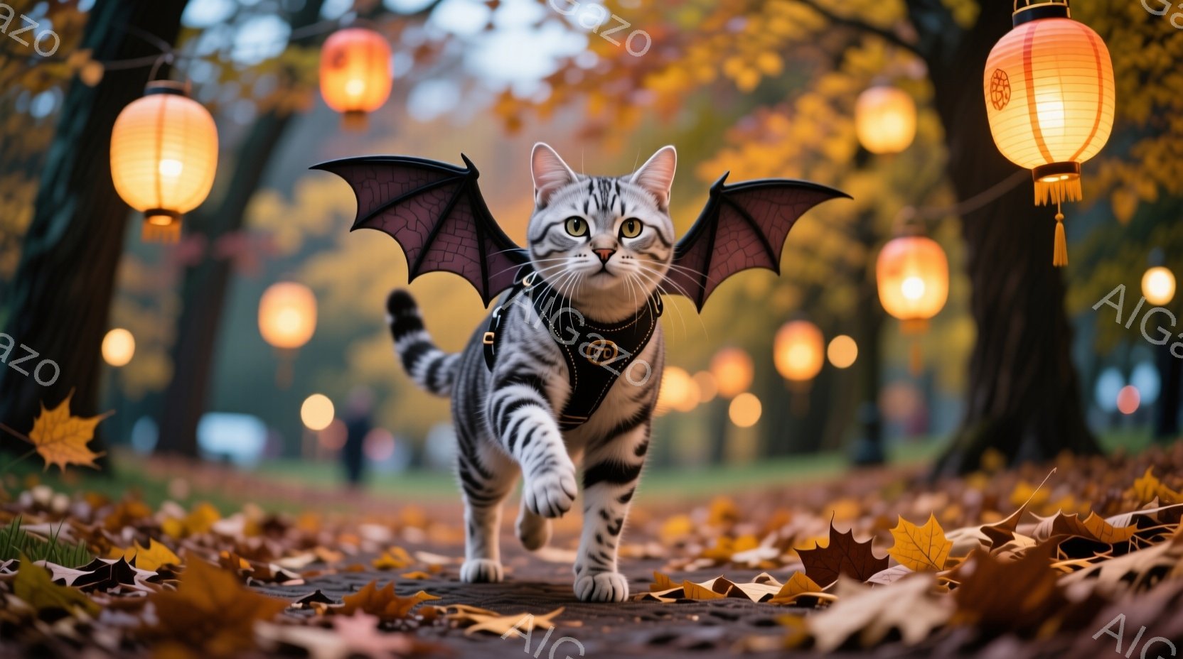 白と黒の縞模様の猫が、まるで飛んでいるかのように、羽根のようなものを身につけて遊歩道を走っている。背景にはオレンジ色の提灯が並び、地面は紅葉の葉で覆われており、秋の温かく幻想的な雰囲気を醸し出している - AI生成フリー素材
