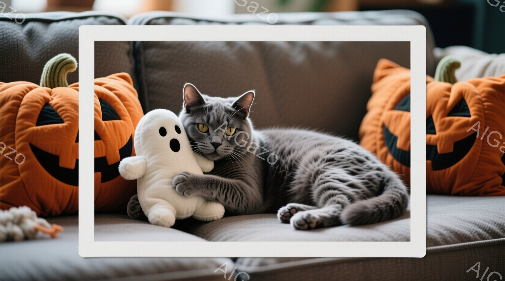 灰色がかった毛並みの猫が、ハロウィーン風のオレンジ色のカボチャ柄クッションに囲まれながら、白いお化けのぬいぐるみと寄り添って横たわっています。猫はリラックスした表情で、穏やかな雰囲気を醸し出しています。背景はぼやけていますが、室内であることがわかります。