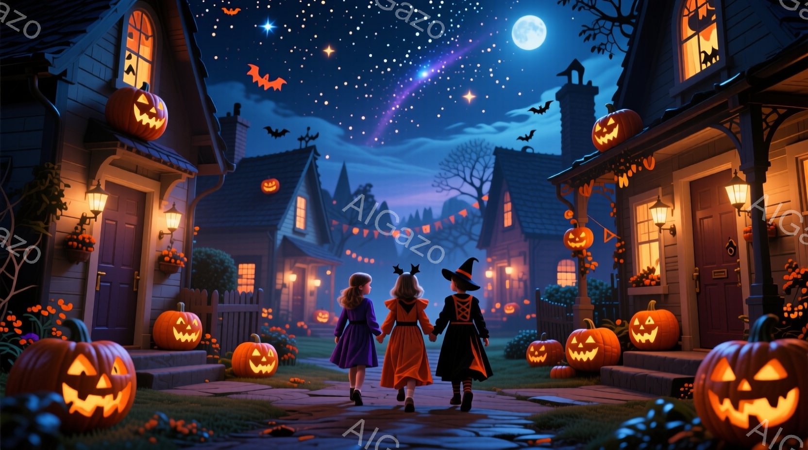 少女たちはハロウィーンの夜、並んで歩いている。一人は紫色のドレス、もう一人は黒い魔女の帽子とコルセット風の衣装を着ている。背景には、カボチャが飾られた家々が並び、空には満月とたくさんの星、そしてコウモ - AI生成フリー素材