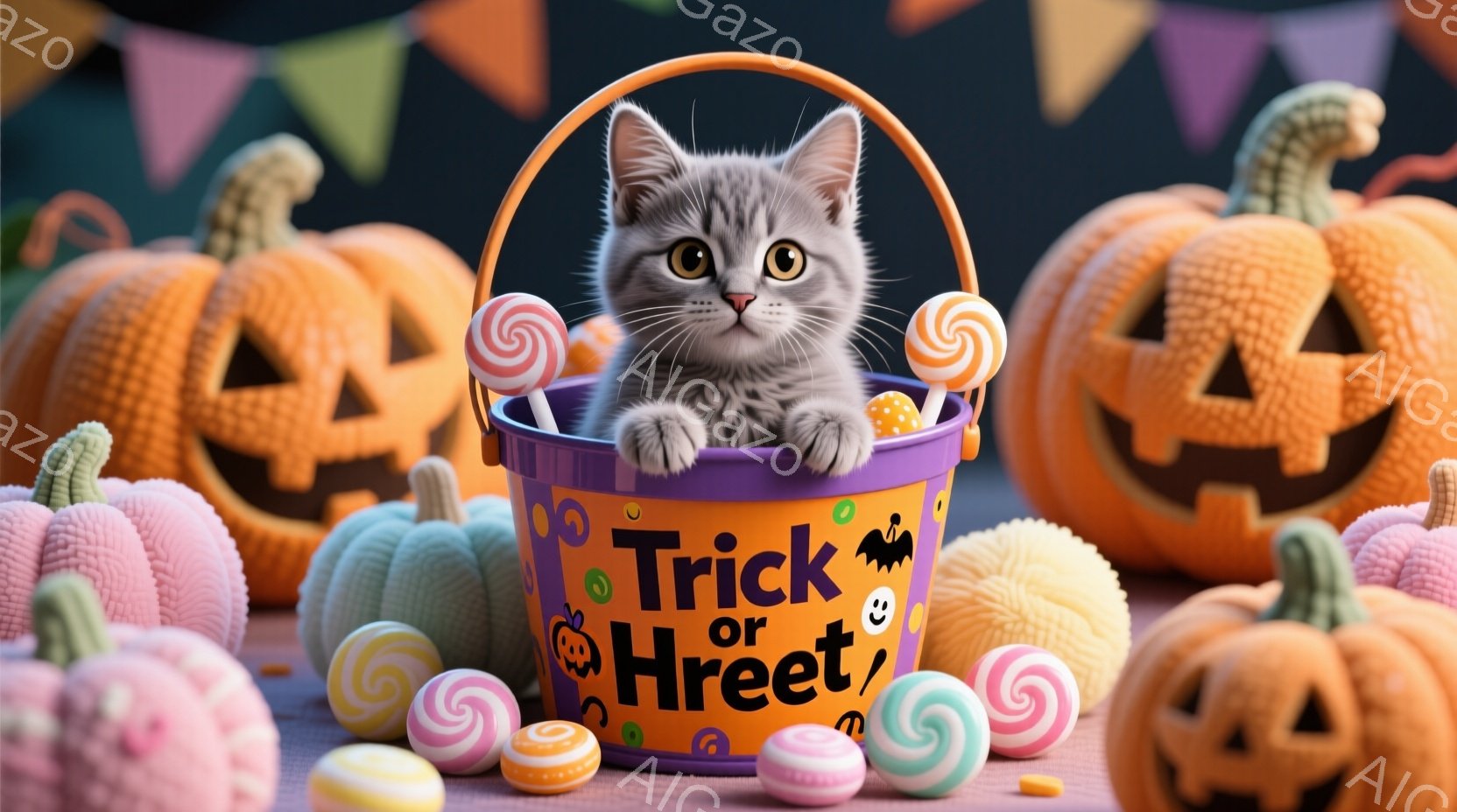 鮮やかな紫色の「トリック・オア・トリート」と書かれたバケツの中に、灰色の小さな子猫が座っています。周りにはキャンディやハロウィーンの飾りであるカボチャが散りばめられており、秋の楽しい雰囲気を醸し出して - AI生成フリー素材