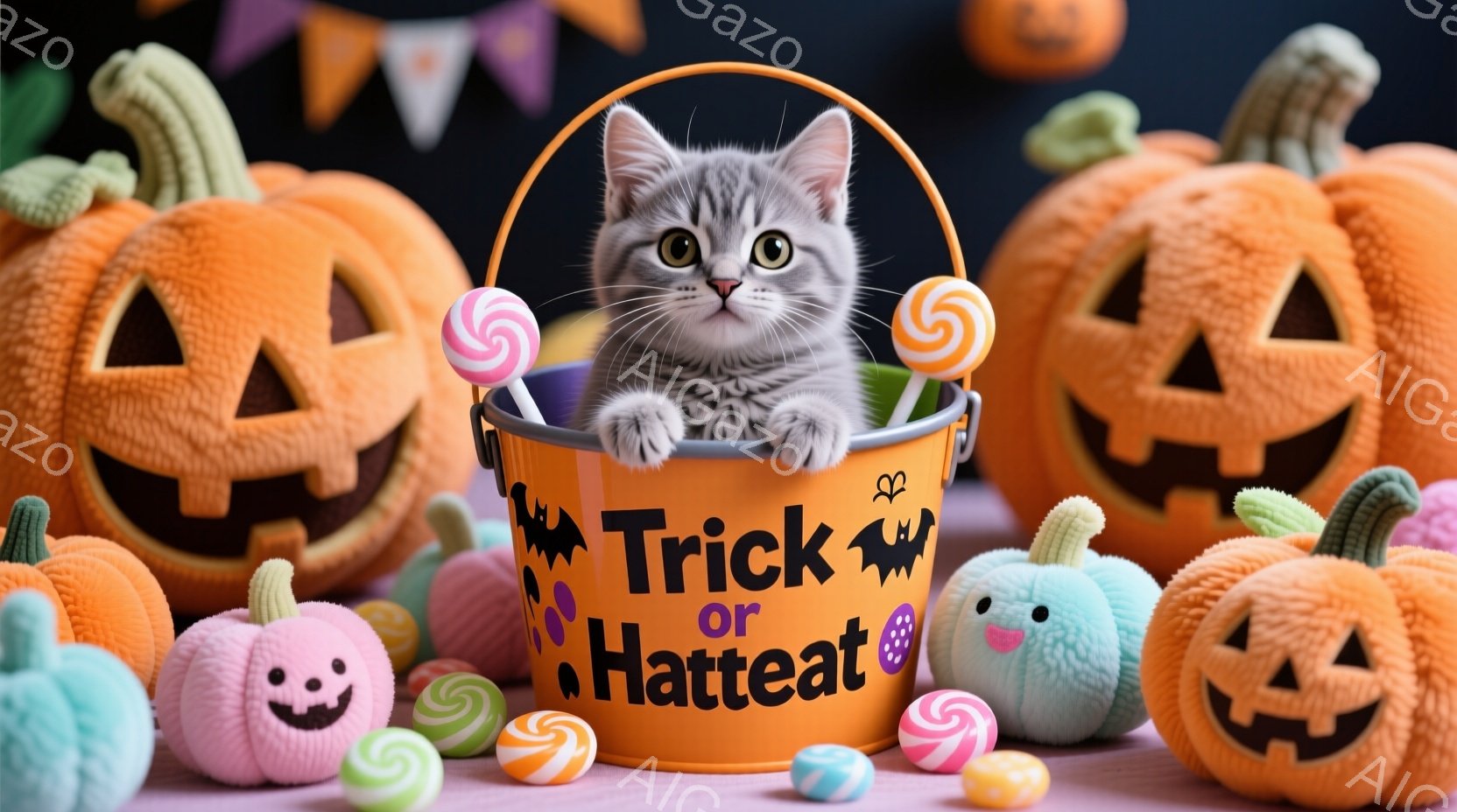灰色の小さな子猫が、ハロウィーンをテーマにした水色のバケツの中に座っています。バケツには「Trick or Treat」と書かれており、周囲にはキャンディやカラフルなカボチャの置物が散りばめられています。背景には、さらにオレンジ色のカボチャや、可愛らしい幽霊の置物が配置されており、ハロウィーンの楽しい雰囲気を醸し出しています。