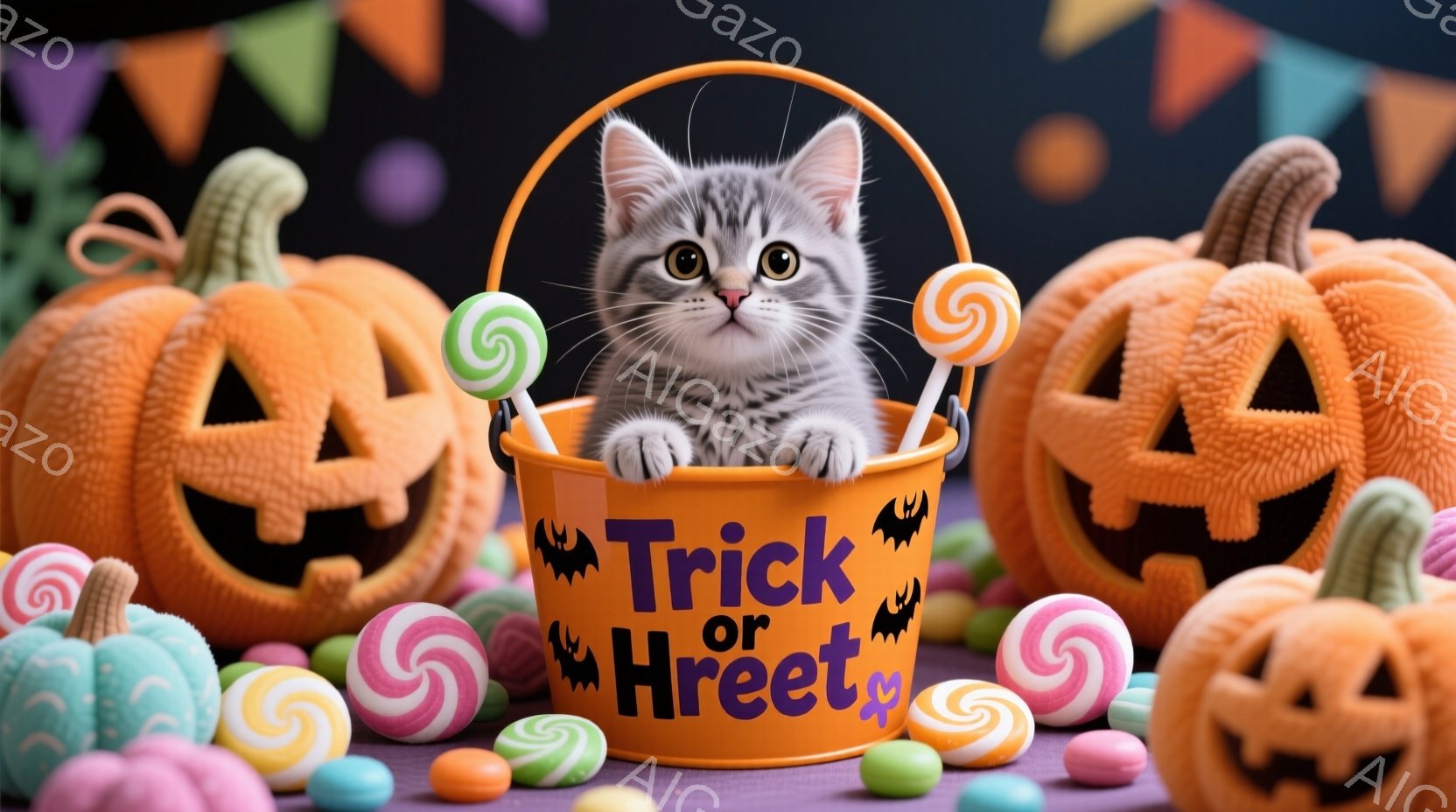 オレンジ色の背景に、ハロウィーンの装飾が散りばめられています。毛むくじゃらの灰色の猫が、”Trick or Treat”と書かれたオレンジ色のバケツの中から顔を出しており、好奇心旺盛な表情でカメラを見つめています。バケツの周りには、キャンディーやロリポップが置かれ、周囲にはジャック・オー・ランタンが配置されています。