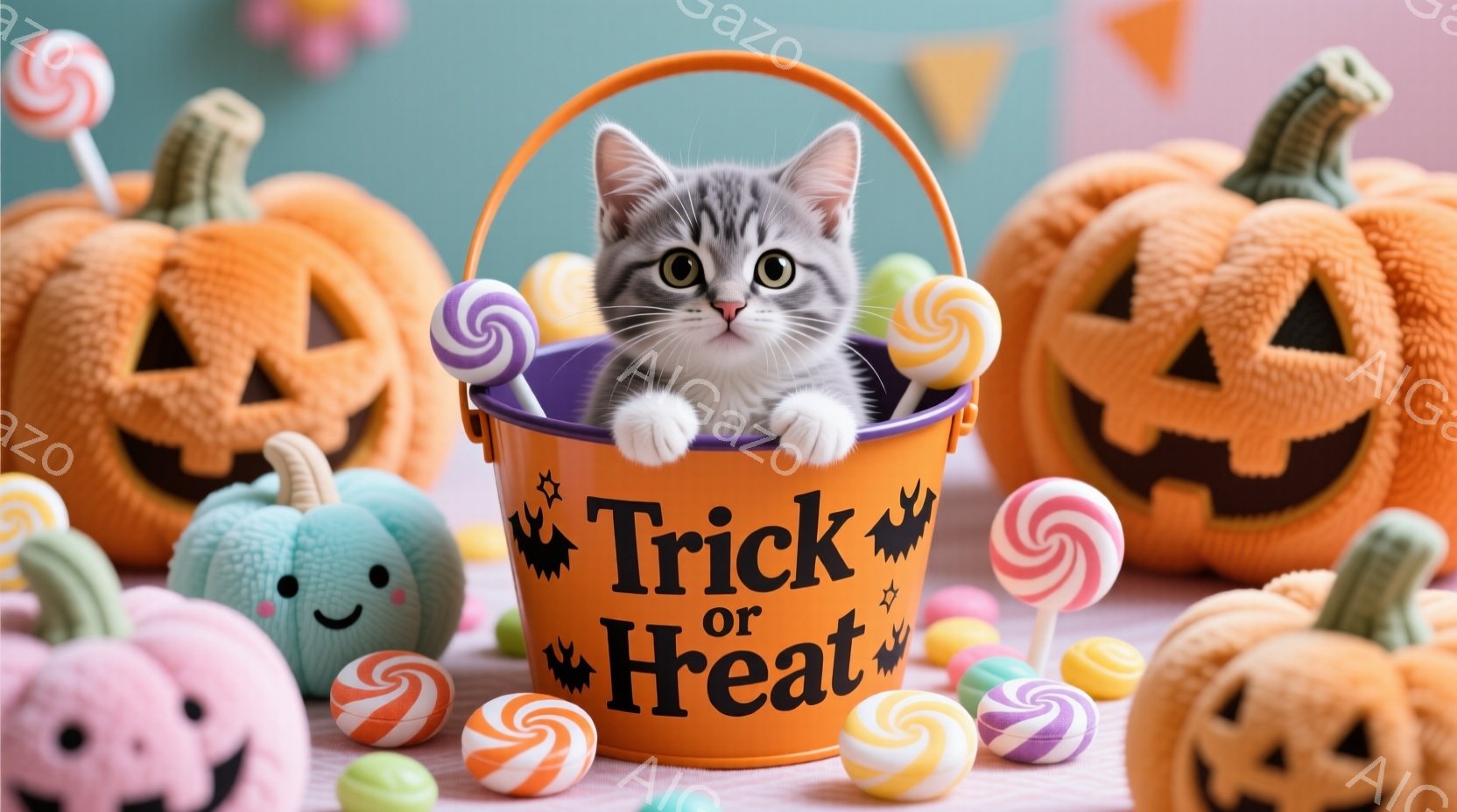 オレンジ色の「トリック・オア・トリート」と書かれたバケツの中に、縞模様の小さな子猫が座っています。子猫は前足をバケツの外に出し、好奇心と少しの困惑が混ざった表情でカメラを見ています。背景には、ハロウィーンの装飾であるジャック・オー・ランタンとキャンディが散りばめられ、明るく陽気な雰囲気を醸し出しています。