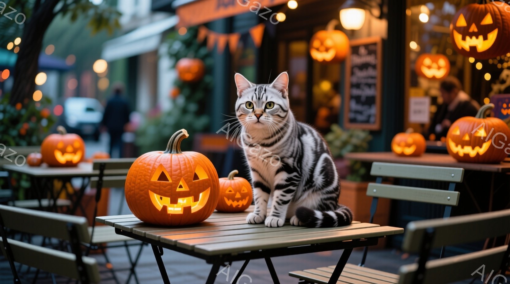 猫は屋台の前に座っており、周りはホップバイクのような様子である。屋台の前には複数のジャッキオランタンが立ち上がり、幽霊のような季節風景を形成している。猫は驚きの表情で、手足を揉んで固めているように見える。背景は夜間の街並みとなっており、屋台やジャッキオランタンが照らされた光で明るくなっている。雰囲気は奇妙であるが、楽しいホローエンドのような感覚を持っている。