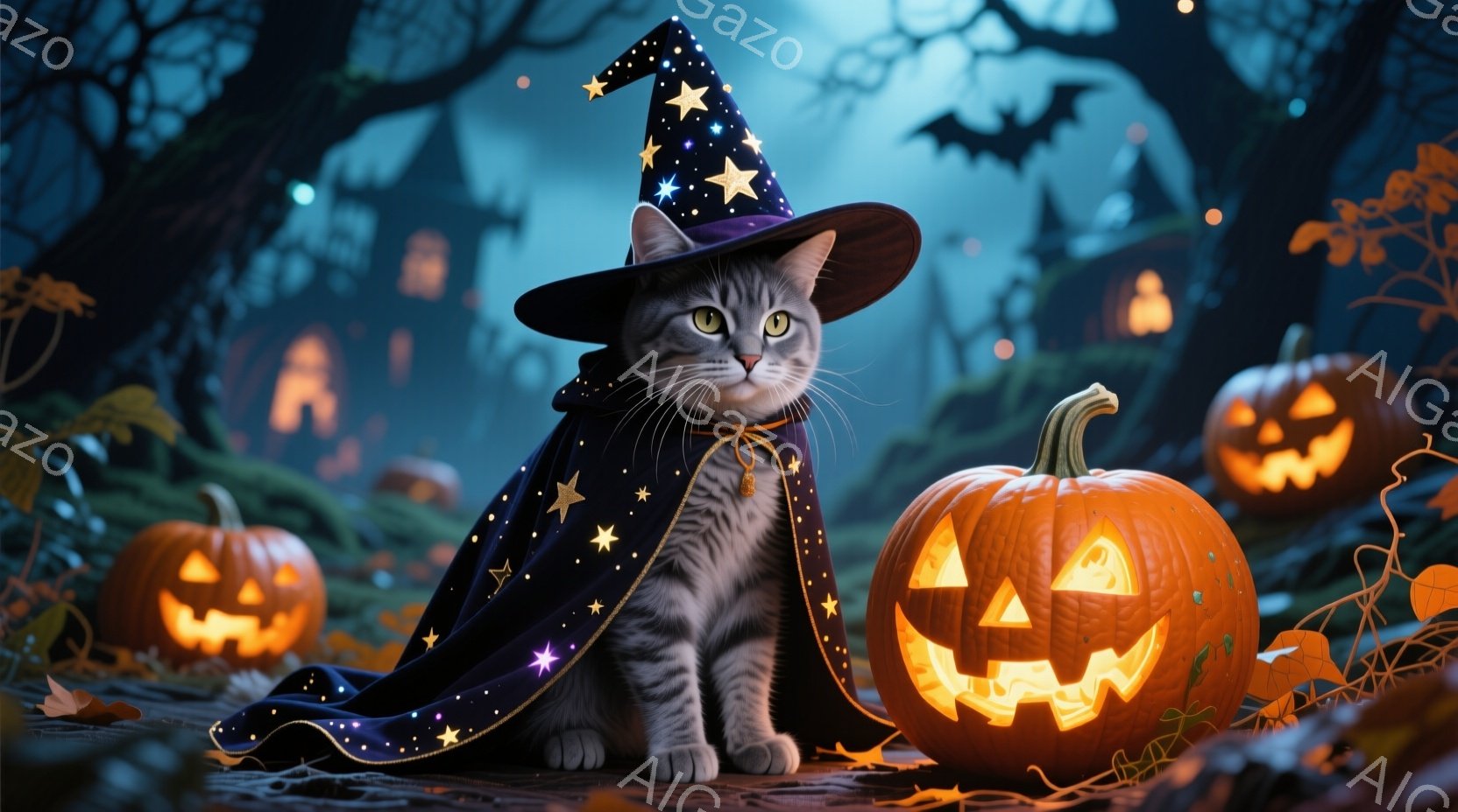 灰色の猫が、星が散りばめられた紫色の魔法使いのケープと帽子を身に着け、まるでハロウィンの魔女のように座っています。猫は前足を揃え、穏やかな表情でカメラを見つめています。背景には、ジャック・オ・ランタンが点灯し、薄暗い森と遠くに見えるお化け屋敷がハロウィーンの夜の神秘的な雰囲気を醸し出しています。