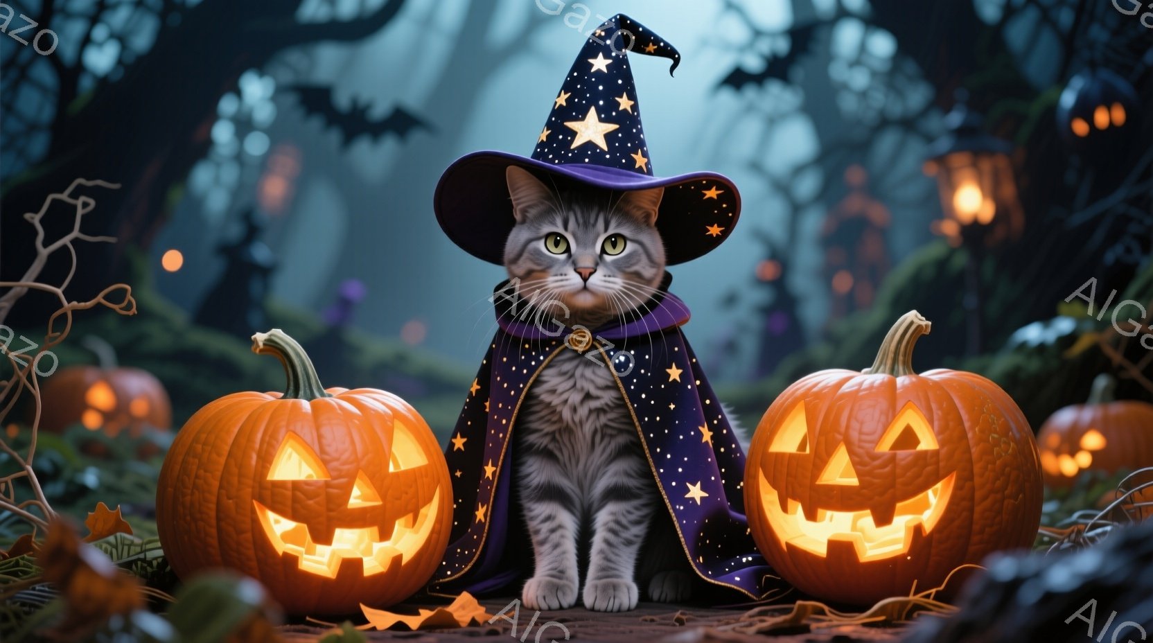 灰色の縞模様の猫が、星が散りばめられた黒い魔法使いの帽子とマントを身に着けて座っています。左右には顔をくり抜いた明るく光るジャック・オー・ランタンが置かれ、背景には暗い森とぼんやりとした光る光が広がっ - AI生成フリー素材