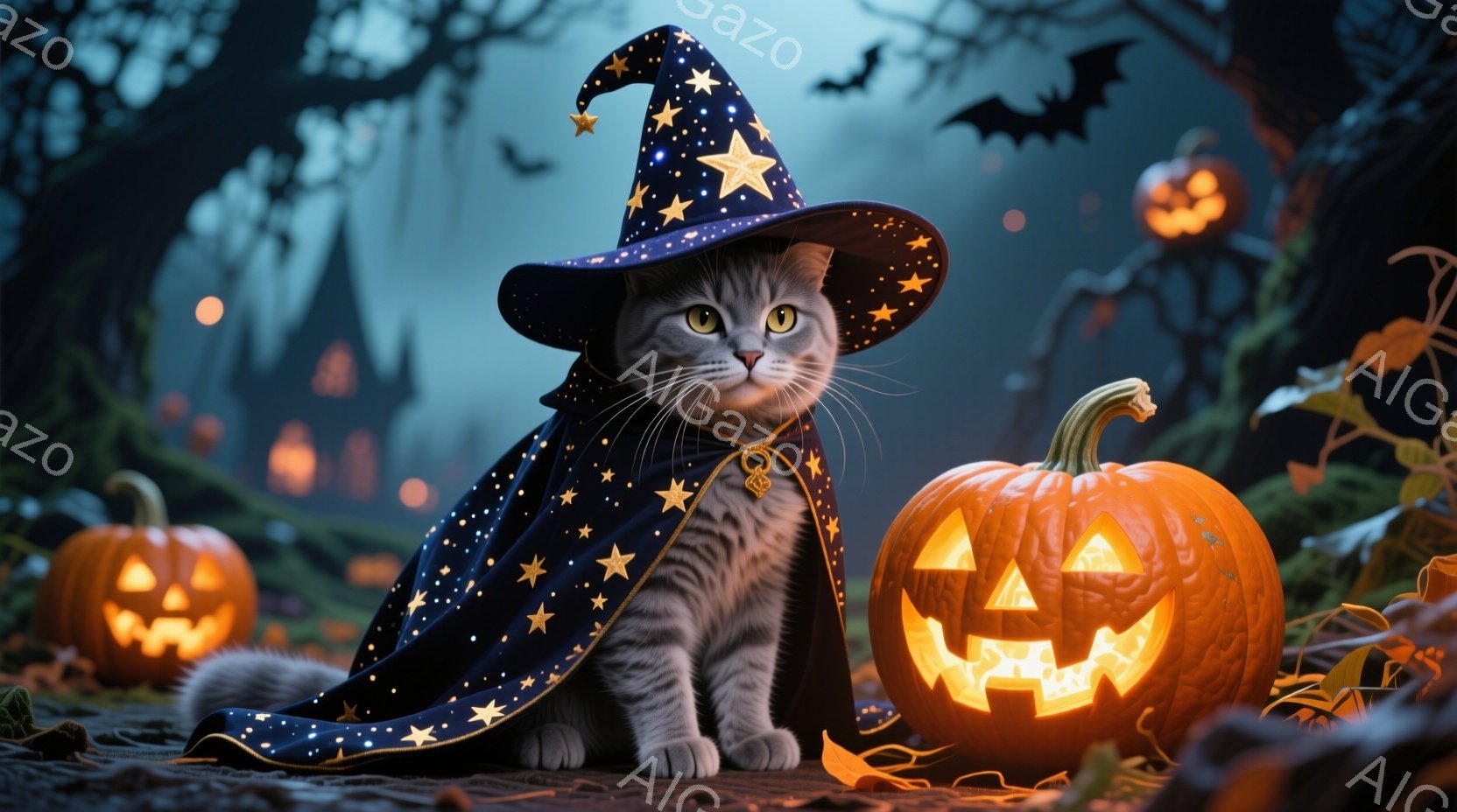 灰色の縞模様の猫が、星が散りばめられた青いマントと魔女帽子を身につけて座っています。猫は前を見据え、少しいたずらっぽい表情を浮かべており、その周りにはジャック・オー・ランタンが輝いています。背景には、暗い空の下、シルエットになった建物と木々が広がり、ハロウィンの夜の神秘的な雰囲気を醸し出しています。
