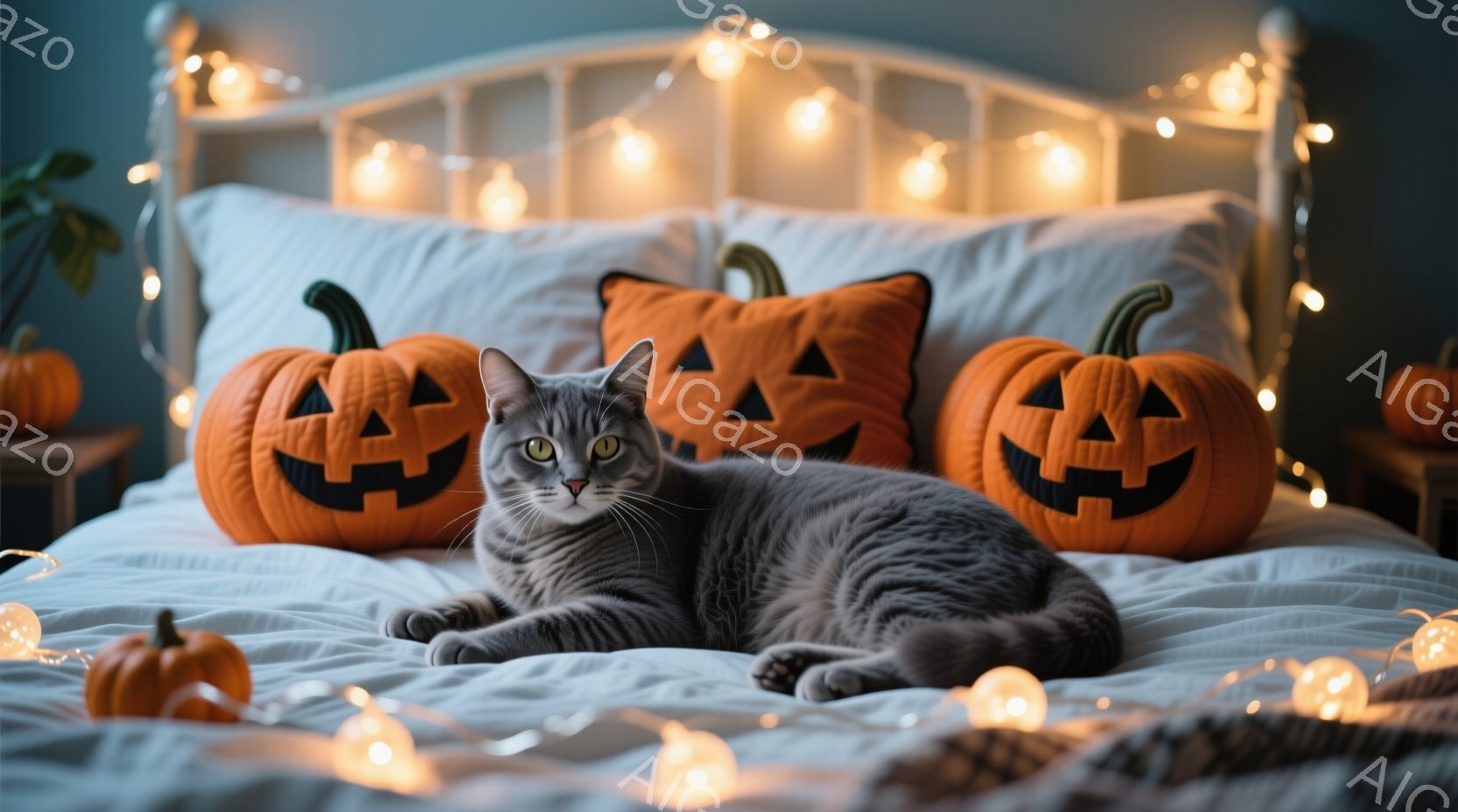 灰色の猫がベッドに横たわり、ハロウィーンの装飾であるオレンジ色のジャック・オー・ランタンの枕に囲まれています。猫はリラックスした表情でカメラを見つめており、ベッドの上には明るいストリングライトが飾られています。全体的に、暖かく心地よいハロウィーンの雰囲気が漂う、秋らしいベッドルームのシーンです。