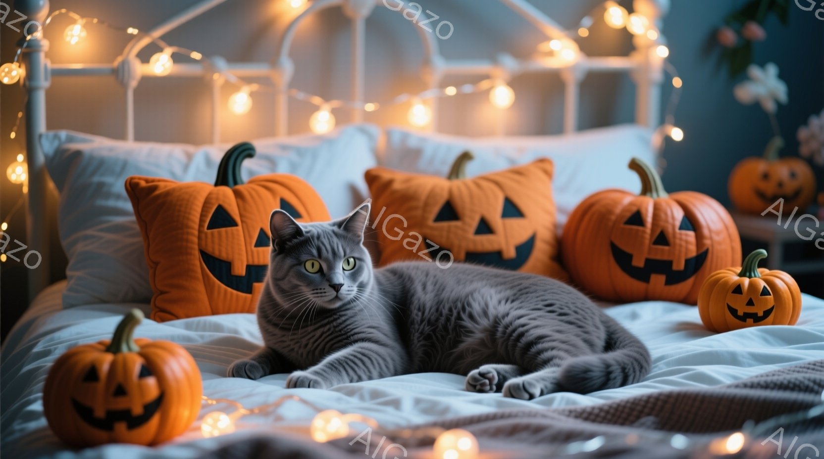 灰色の猫が白いベッドに横たわっており、周りにはハロウィーンのオレンジ色のジャック・オー・ランタンのクッションと置物が散りばめられています。ベッドの背景には、小さなオレンジ色の光が点在するフェンスのよう - AI生成フリー素材
