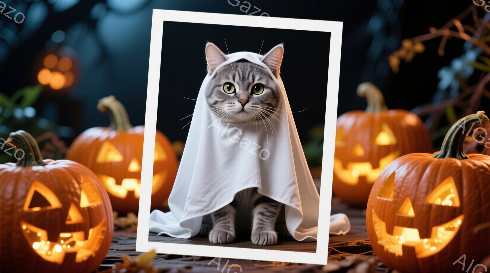 白とグレーの縞模様の猫が白い布を羽織り、ハロウィンの幽霊の仮装をしています。猫は正面をまっすぐ見ており、表情は穏やかで少し退屈そうに見えます。背景には、ジャック・オー・ランタンがいくつか並んでおり、暗 - AI生成フリー素材