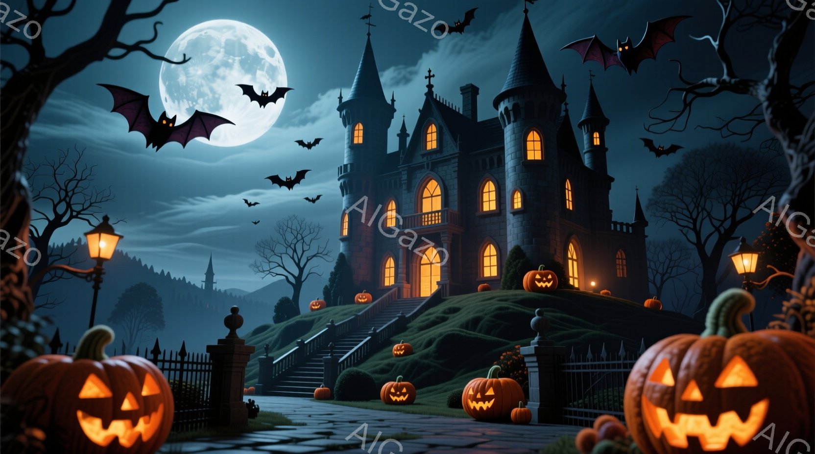 暗い夜に、不気味な屋敷が緑の丘の上にそびえ立っています。オレンジ色のジャック・オー・ランタンが屋敷の階段や庭を飾り、ハロウィーンの雰囲気を醸し出しています。満月と飛び交うコウモリが、夜の神秘的な雰囲気 - AI生成フリー素材